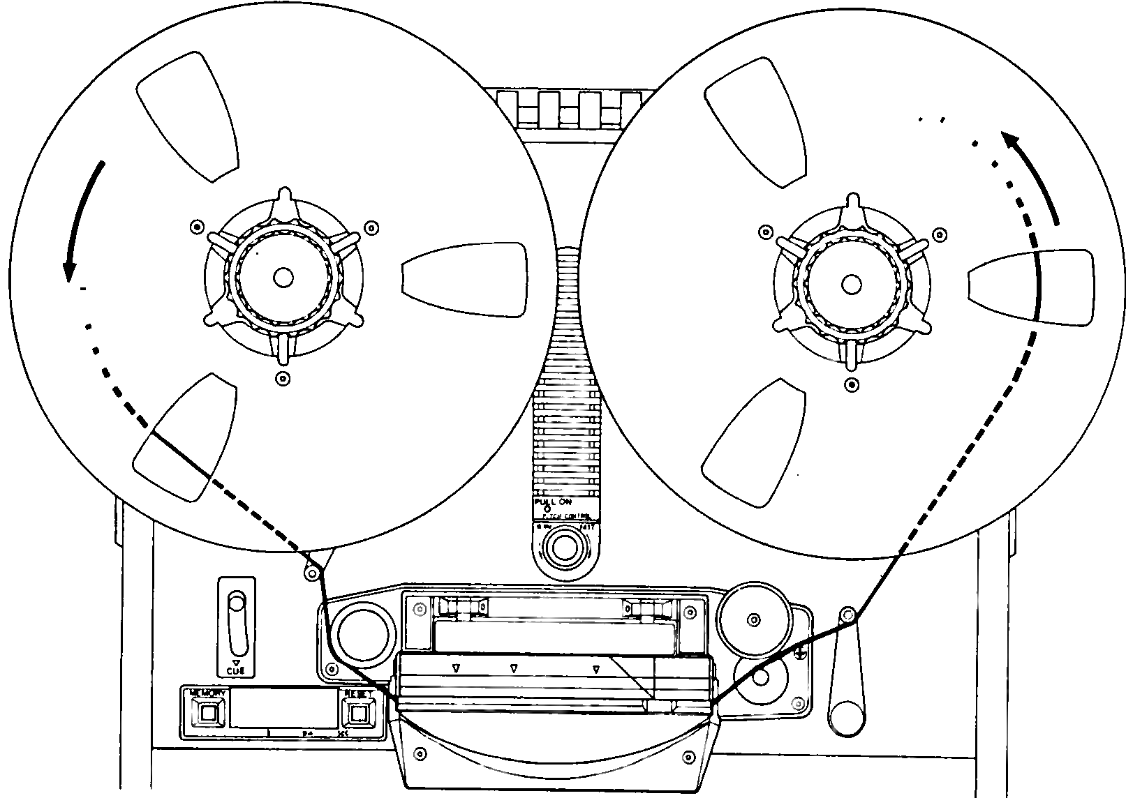 Line drawing of the tape transport deck with supply and takeup reels and a threading path traced across the heads and capstan.