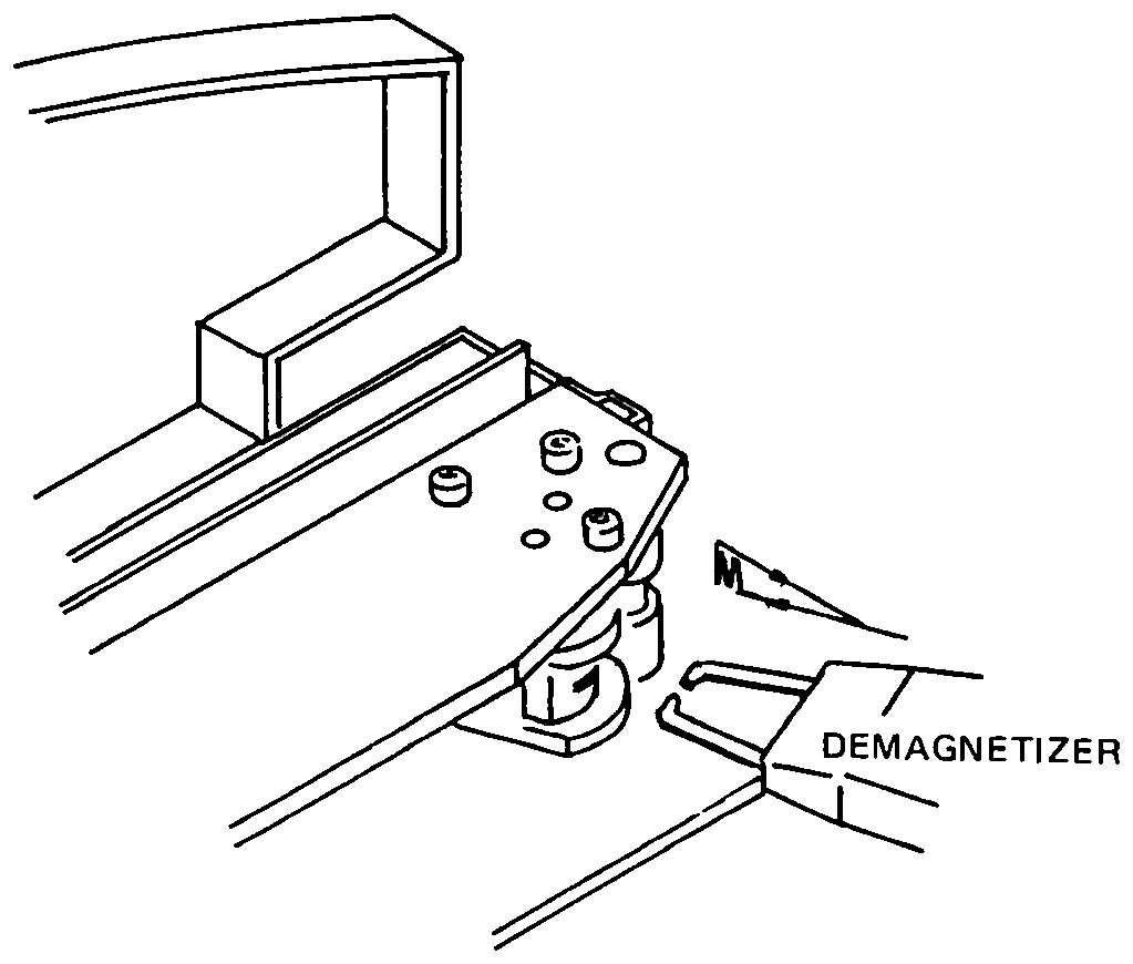 Line drawing of a hand-held demagnetizer being brought close to a head stack on the tape transport.