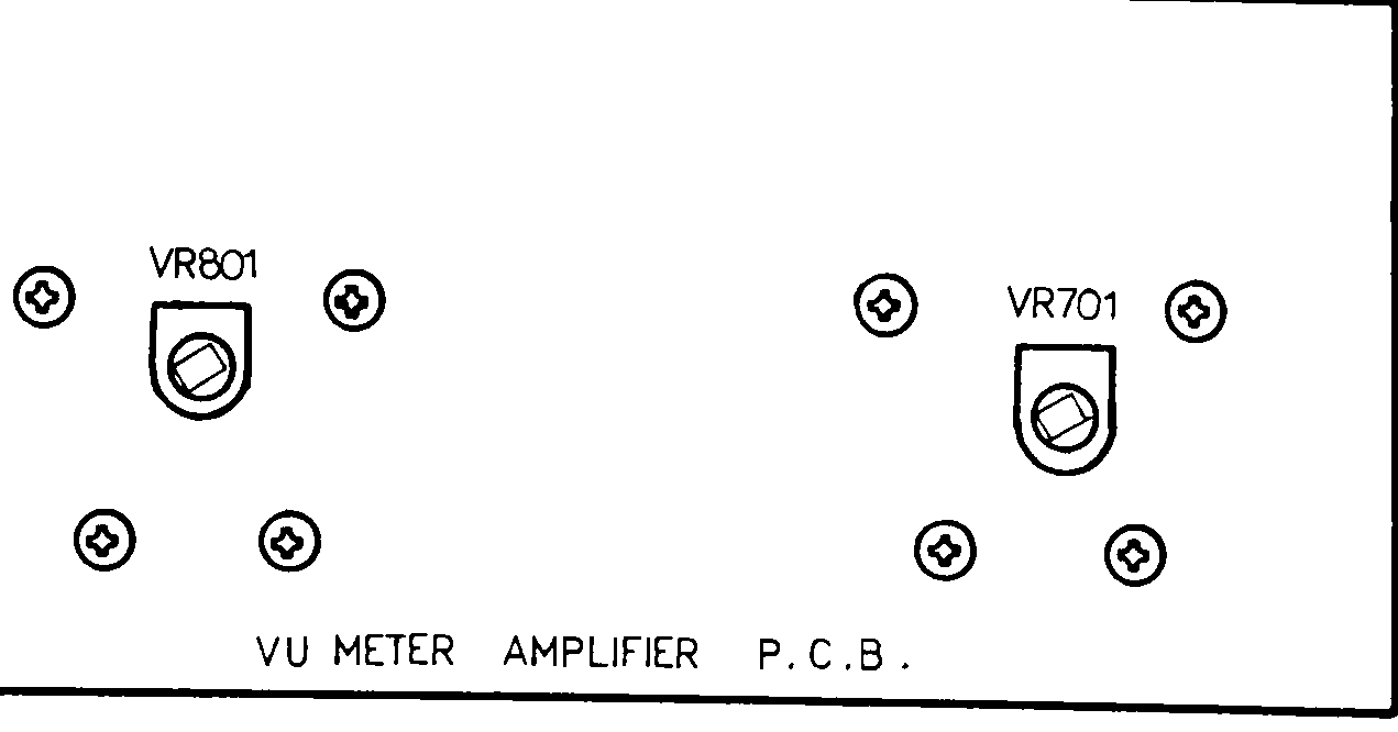 Rectangular line-art board outline of the VU meter amplifier P.C.B., with potentiometers VR801 and VR701 and their mounting screws called out.