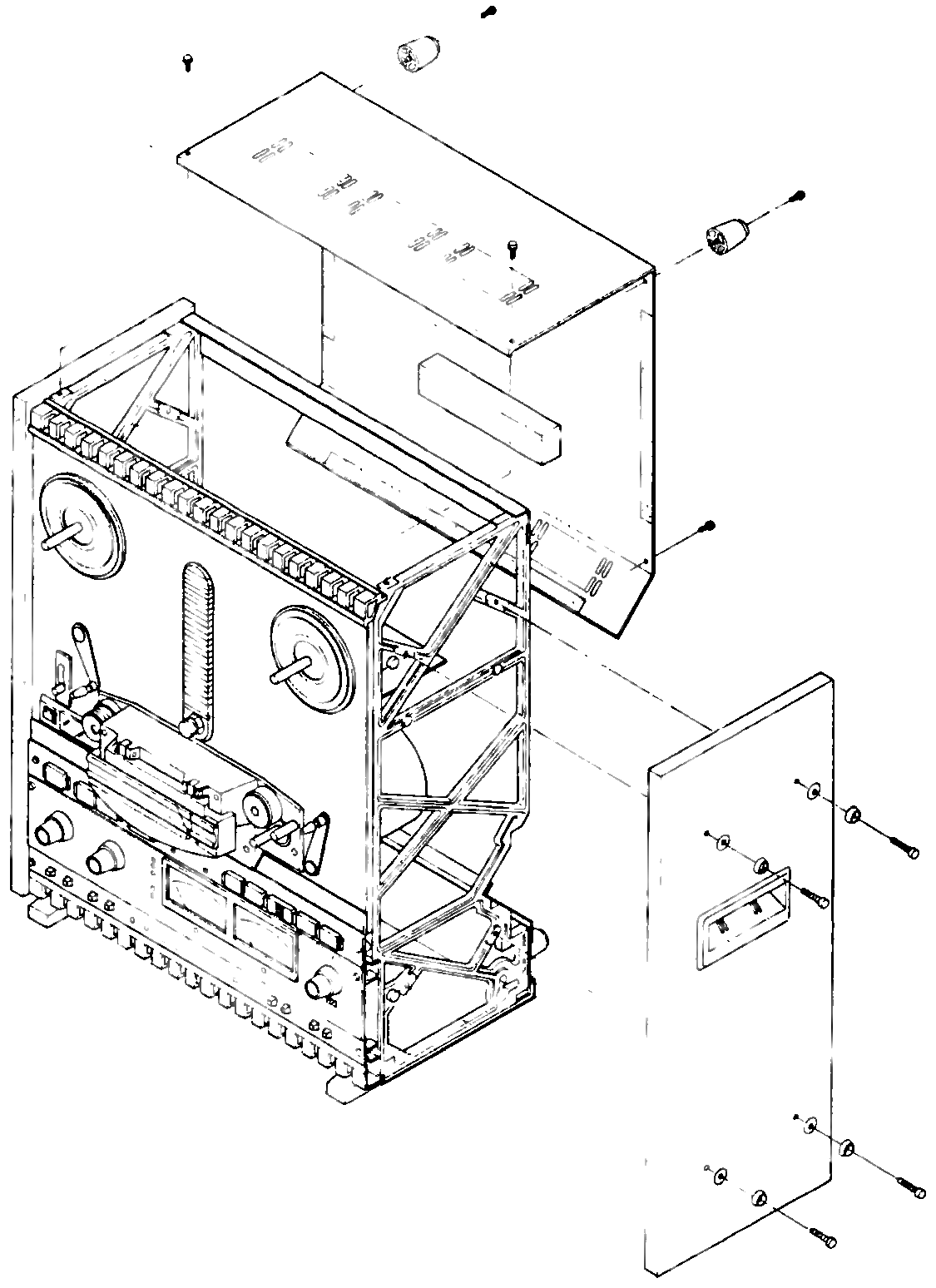 Isometric exploded view of the transport with the rear cover, control P.C.B. and side panel lifting away, showing their mounting screws.