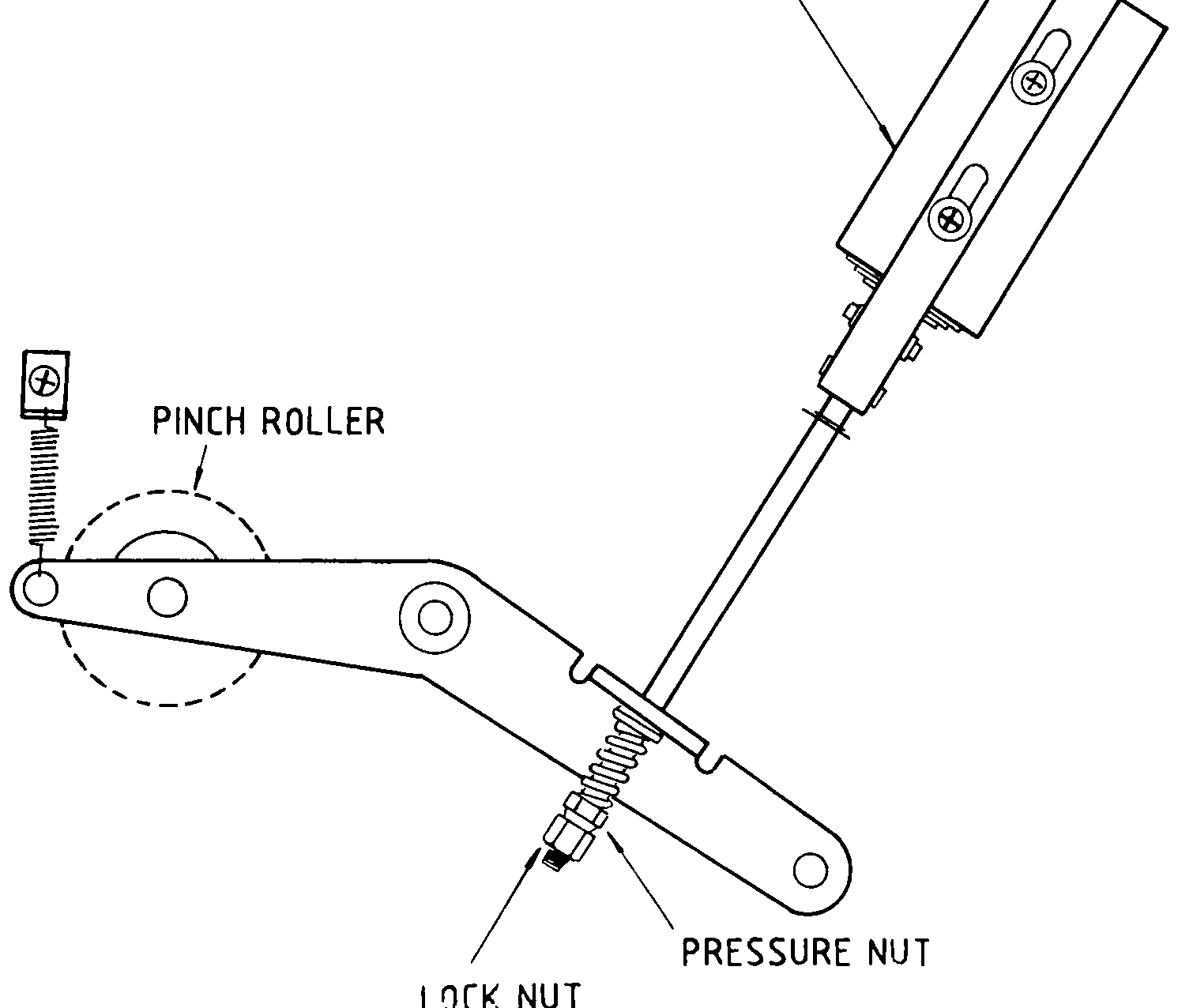 Pinch roller lever and solenoid assembly with the pressure nut and lock nut on the spring-loaded adjustment rod called out.