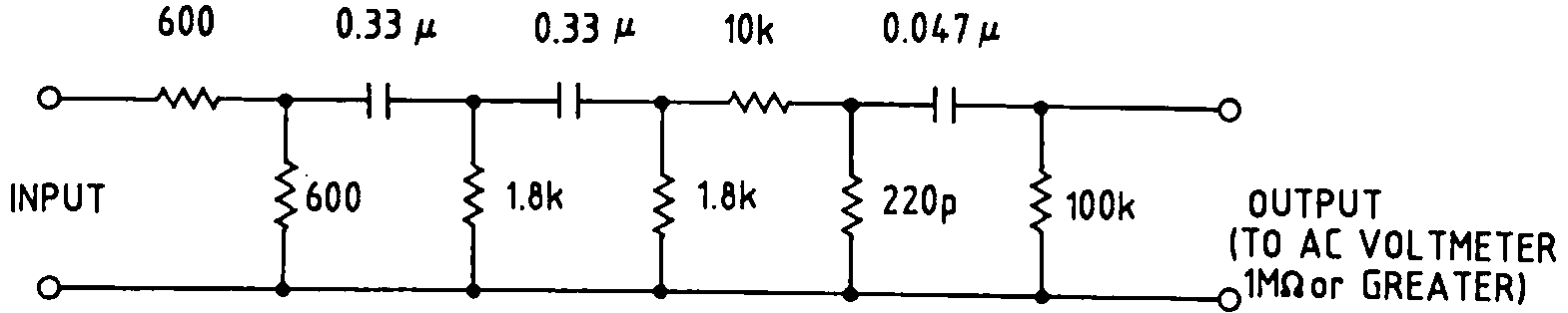 Schematic of a five-section RC ladder filter (600 ohm, 0.33 microfarad twice, 10k, 0.047 microfarad) between an input and output pair.