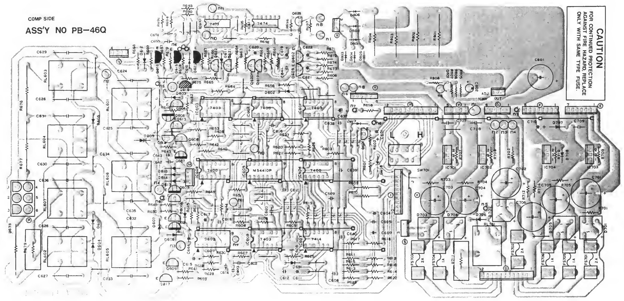 Component-side pattern layout of the control P.C.B., showing the relay bank, logic ICs and fuse block.