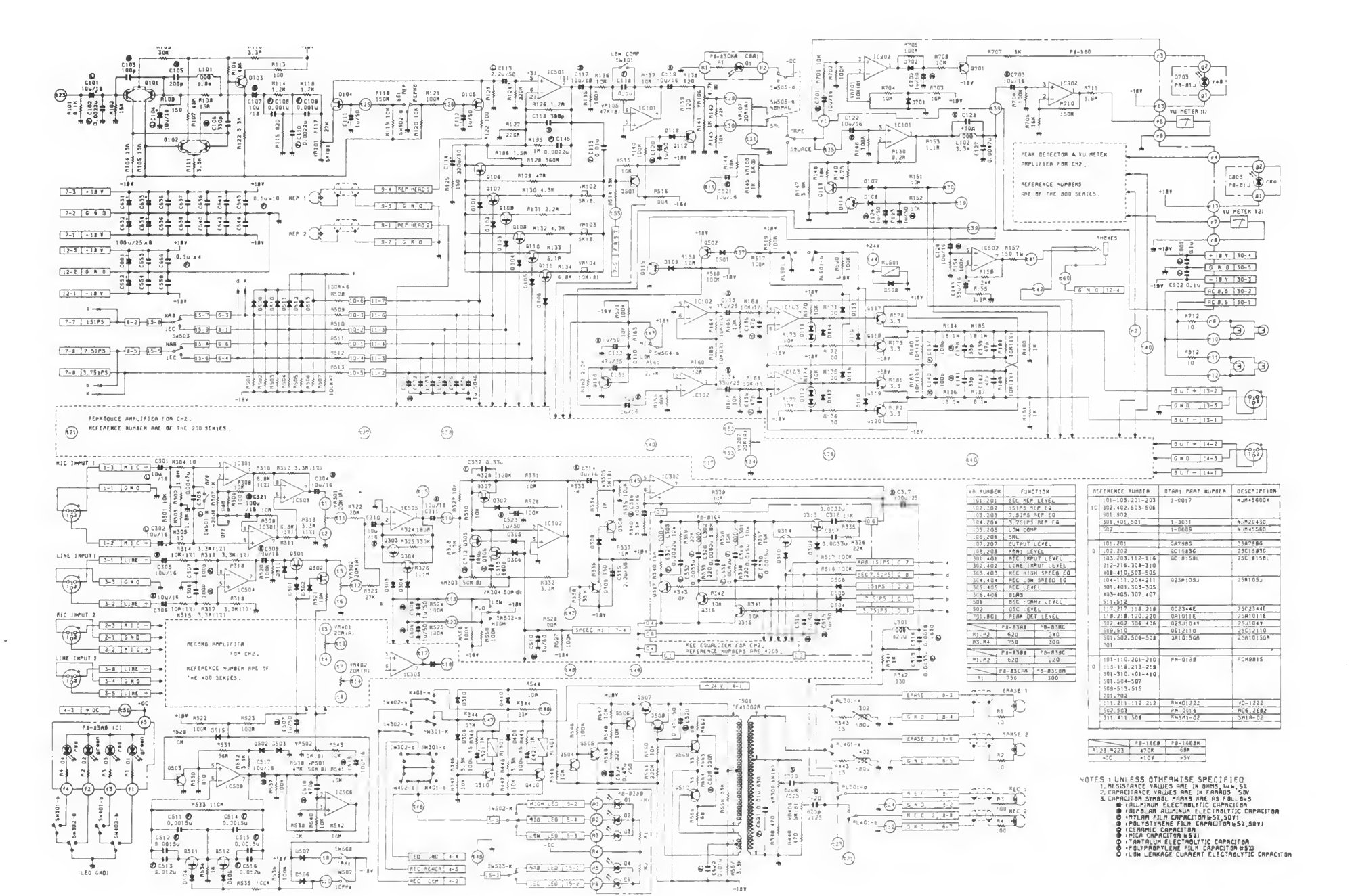 Full schematic of the A10620B record and reproduce amplifier channel board, with the mic and line inputs, equalizer, bias oscillator and output stages.
