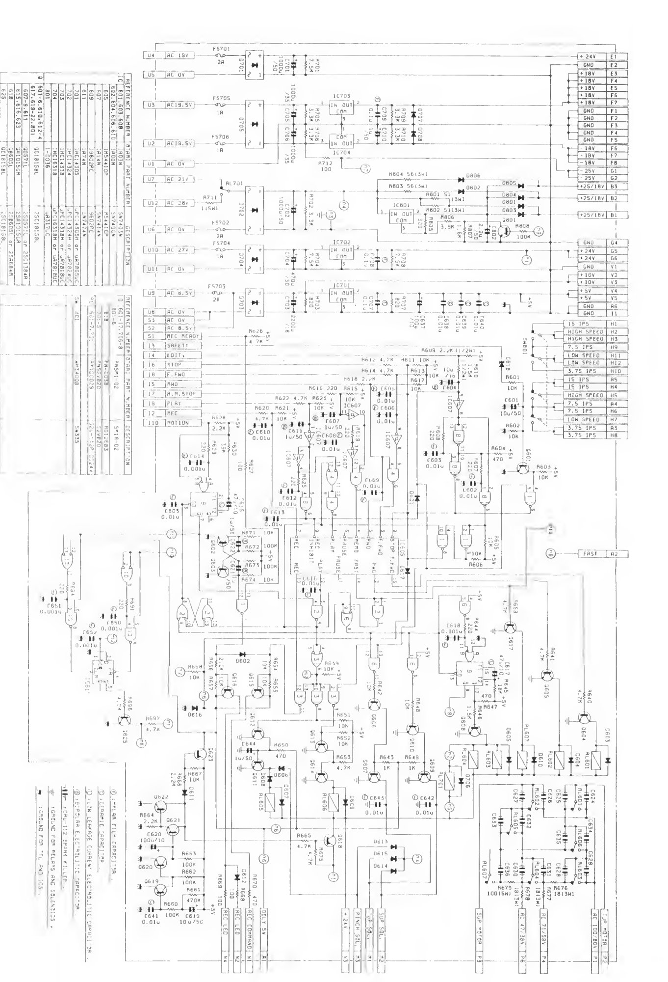 Full schematic of the PB-46Q control P.C.B., with the connector pinouts and transport mode logic.