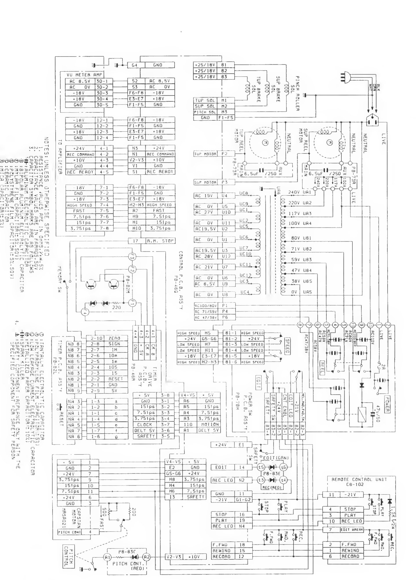 Wiring diagram for the transport, showing the power supply, motors, solenoids, and the control and timer boards and their interconnections.