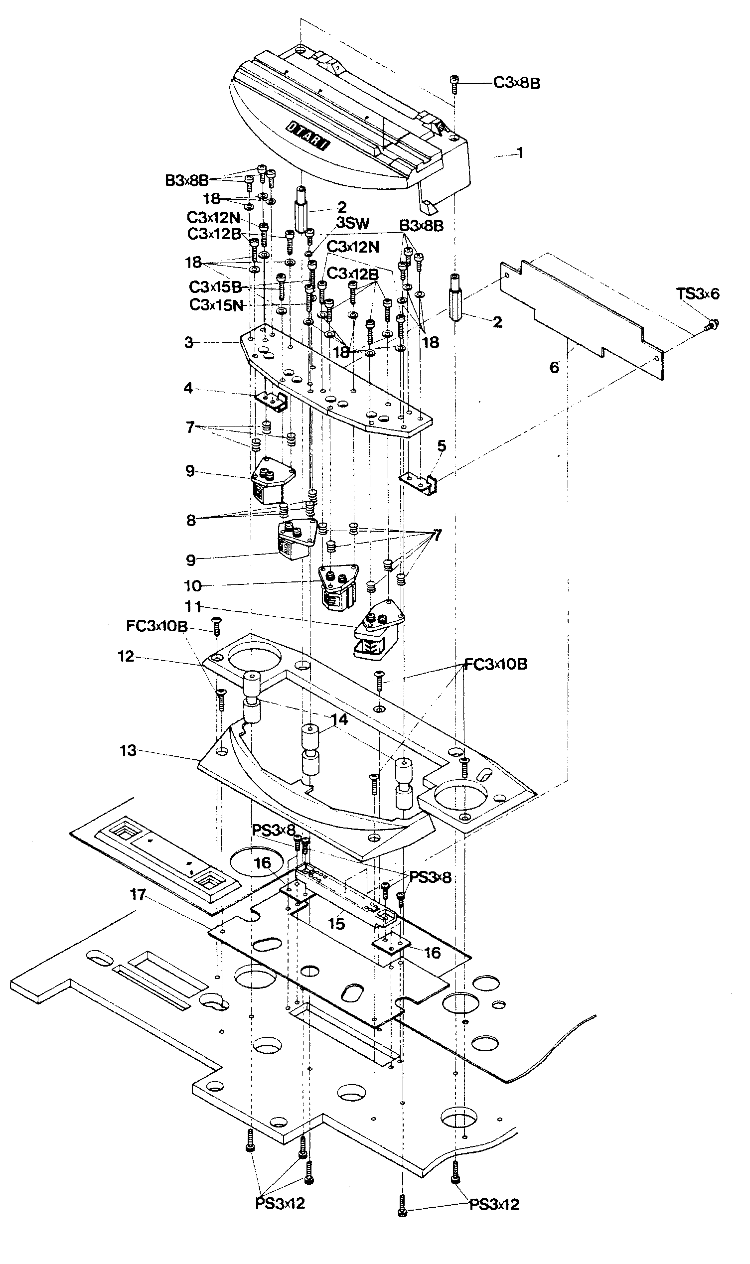 An exploded view of the head assembly: the head housing cover, its mounting screws and washers, the head mounting base plate with the erase, record and reproduce heads and their brackets and springs, the head P.C. board and connector, and the front cover and shield plate, with numbered callouts matching the parts list.
