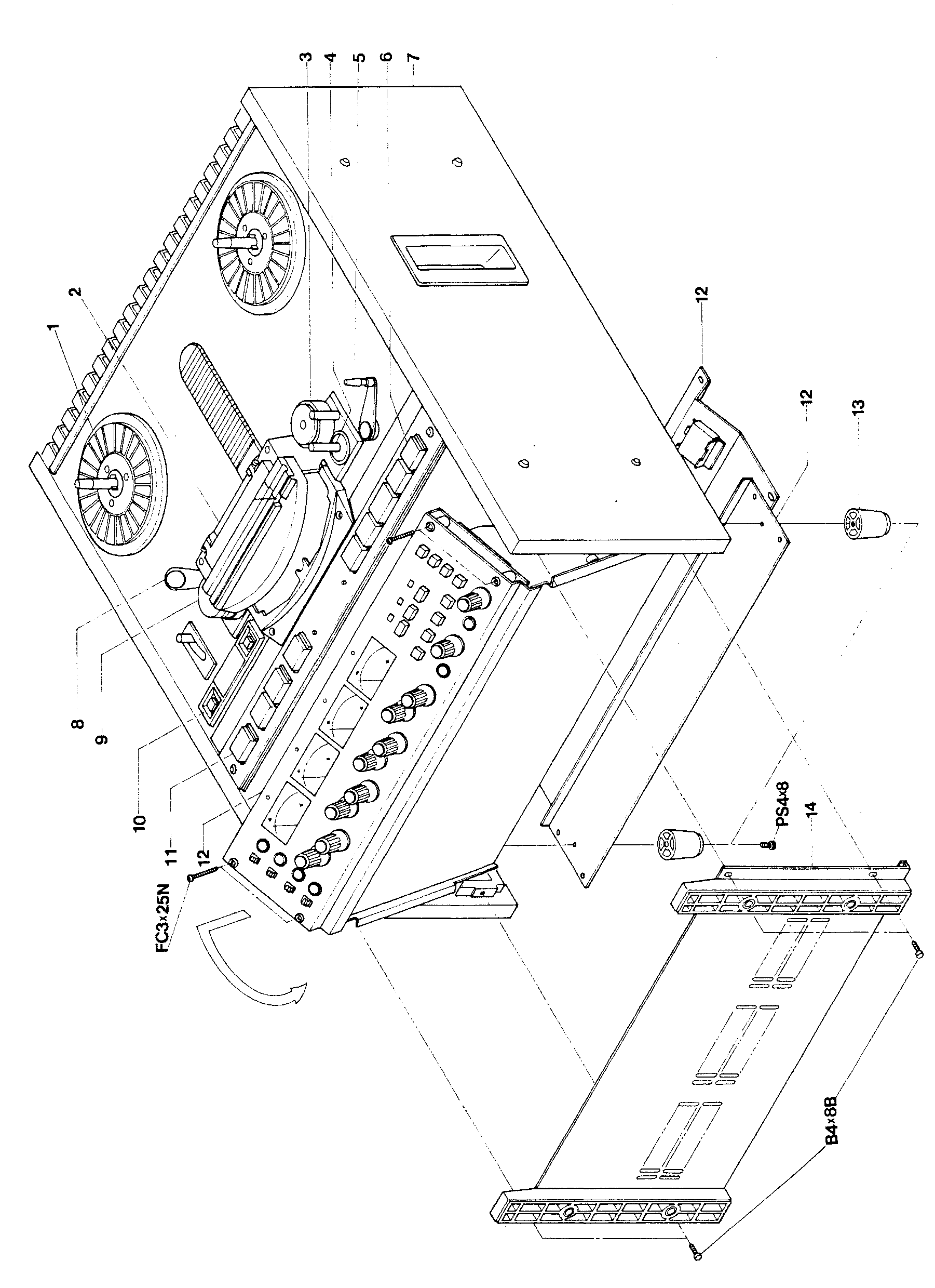 A drawing of the assembled tape deck showing where each major assembly is located: the front control panel, reel tables, chassis frame and side panels, with callouts numbered 1 to 14 identifying the reel, head, pinch roller, capstan, tension arm, control switch, side board and amplifier assemblies listed in the parts list.