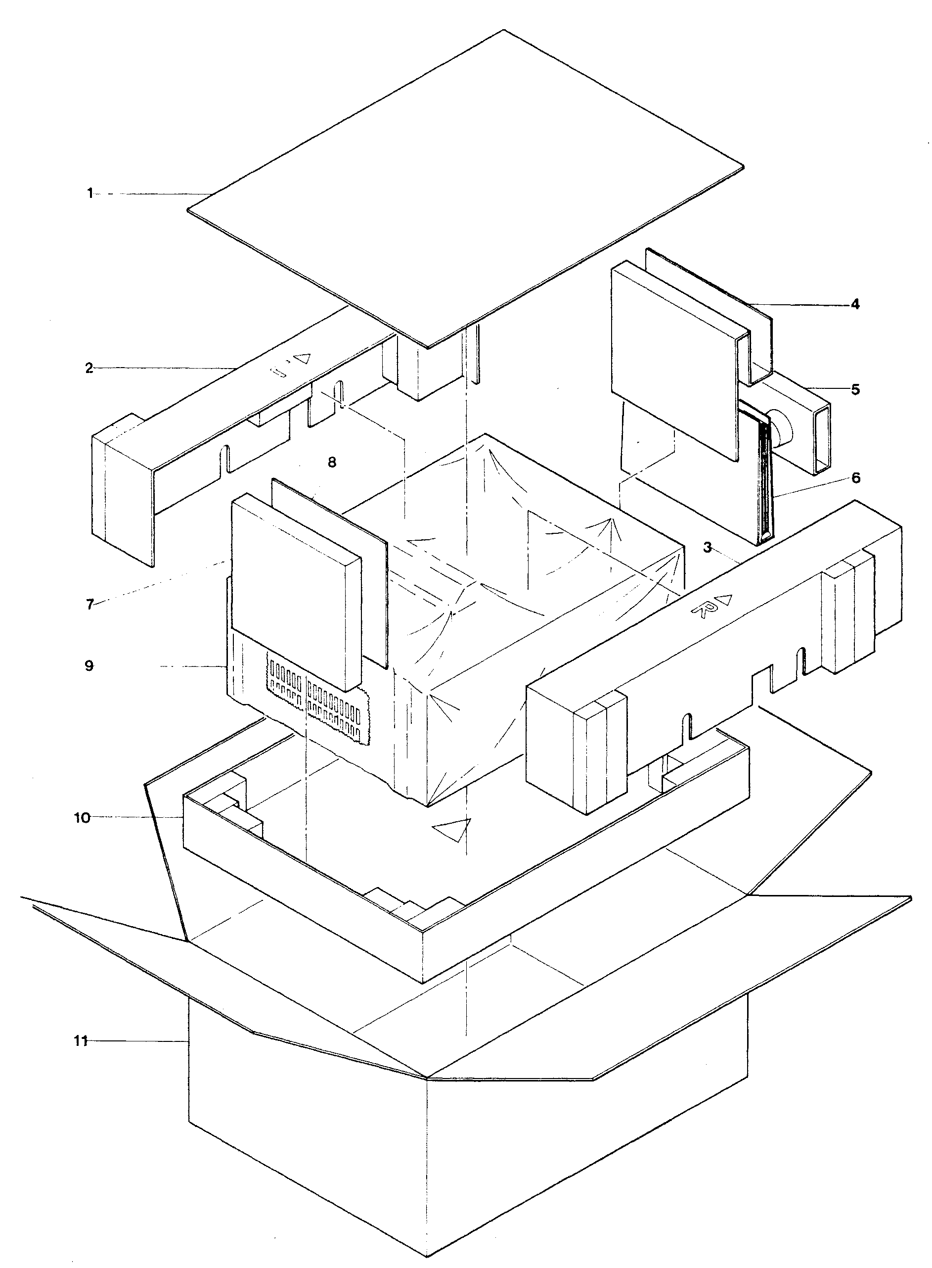 An exploded view of the packaging: the shipping carton, its top pad and corner and side foam blocks, the plastic dust cover, and the accessory box and manual, with numbered callouts matching the parts list.