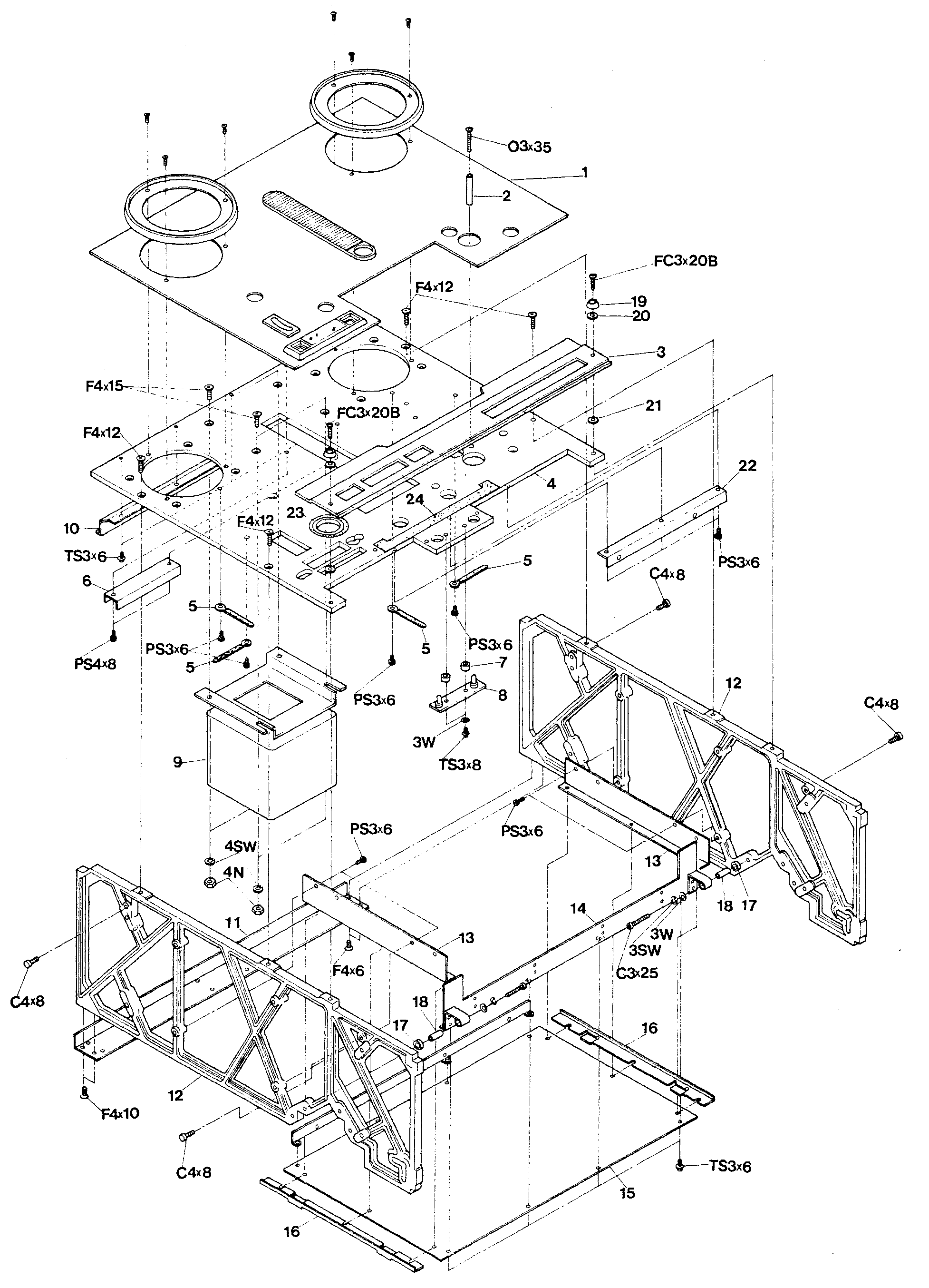 An exploded view of the chassis assembly: the transport and control trim panels with their pitch-control, cue and timer escutcheons, the chassis panel and its cutouts, the side frames, and the reinforcing angles and channels, with numbered callouts matching the parts list.