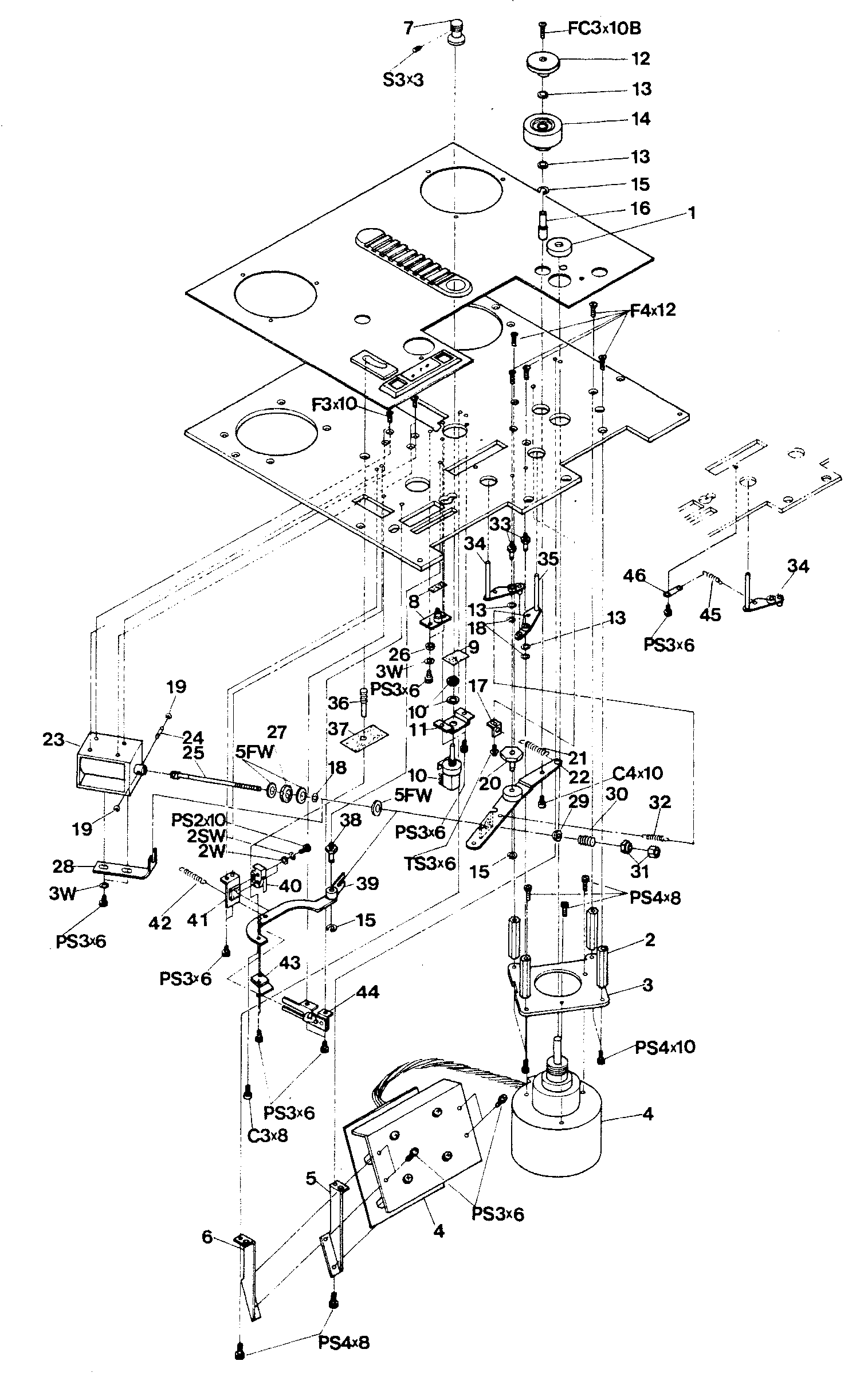 The same exploded view of the capstan, pinch roller and shifter assembly, repeated here after the continued parts list, with the same numbered callouts as before.