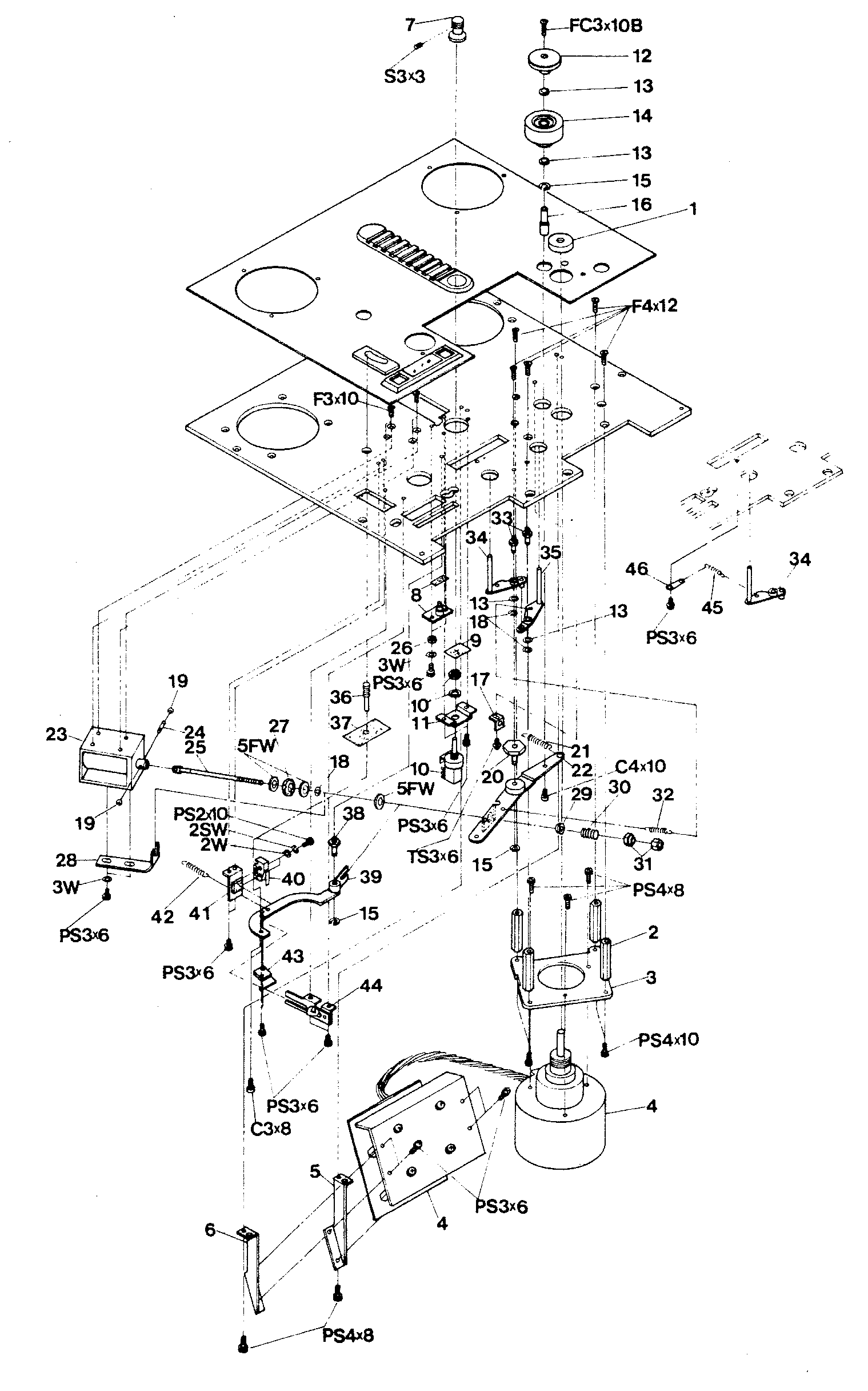 An exploded view of the capstan, pinch roller and shifter assembly: the capstan motor and its mounting plate and cap, the pitch control potentiometer, the pinch roller and its arm, cap and solenoid, the cue arm and its switch and latch, and the shifter arms and springs, with numbered callouts matching the parts list.