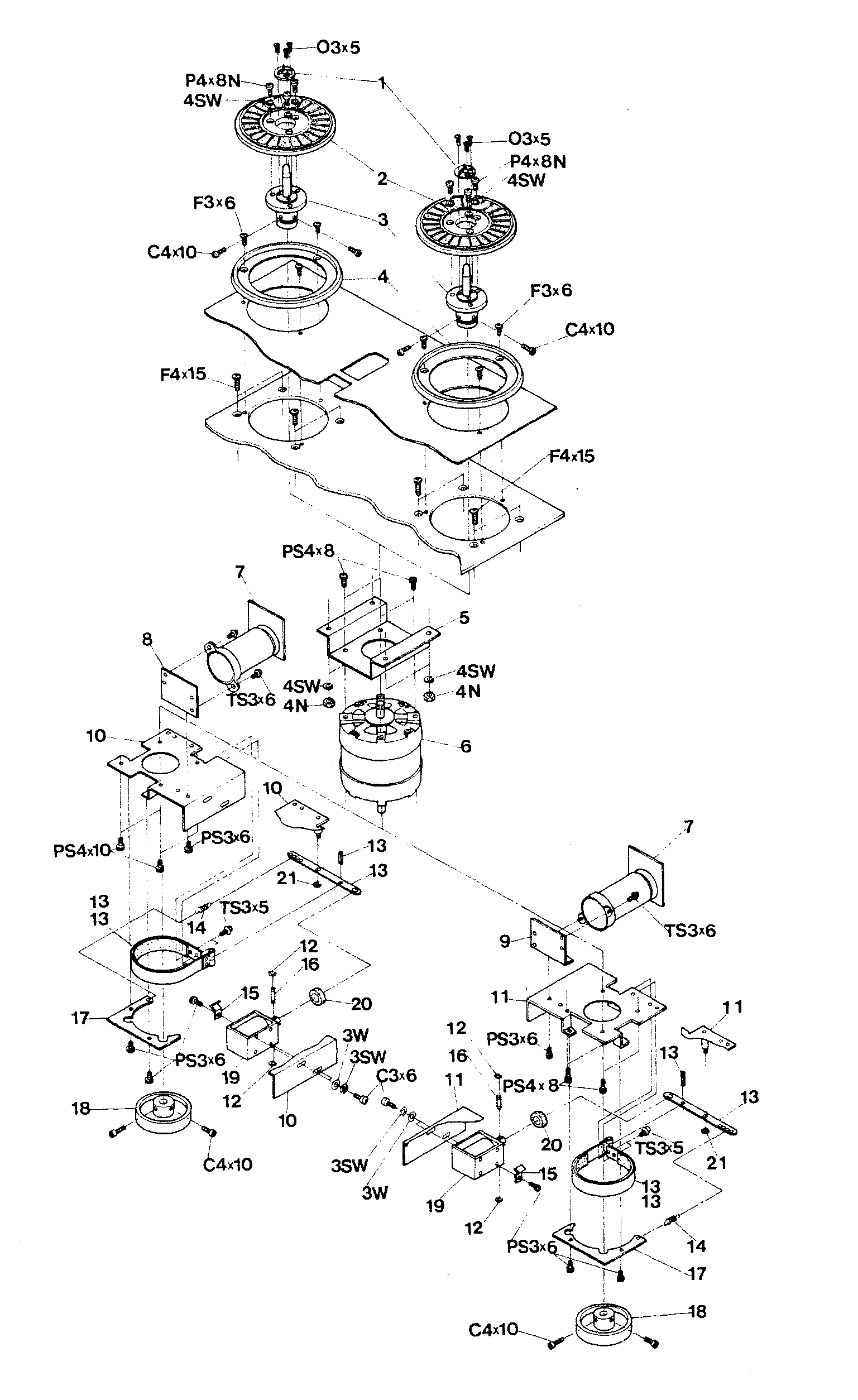 An exploded view of the reel assembly: the supply and take-up reel tables and hubs, the reel motors and their mounting brackets, the brake bands, drums and solenoids, and the reel motor capacitor and its P.C. board, with numbered callouts matching the parts list.
