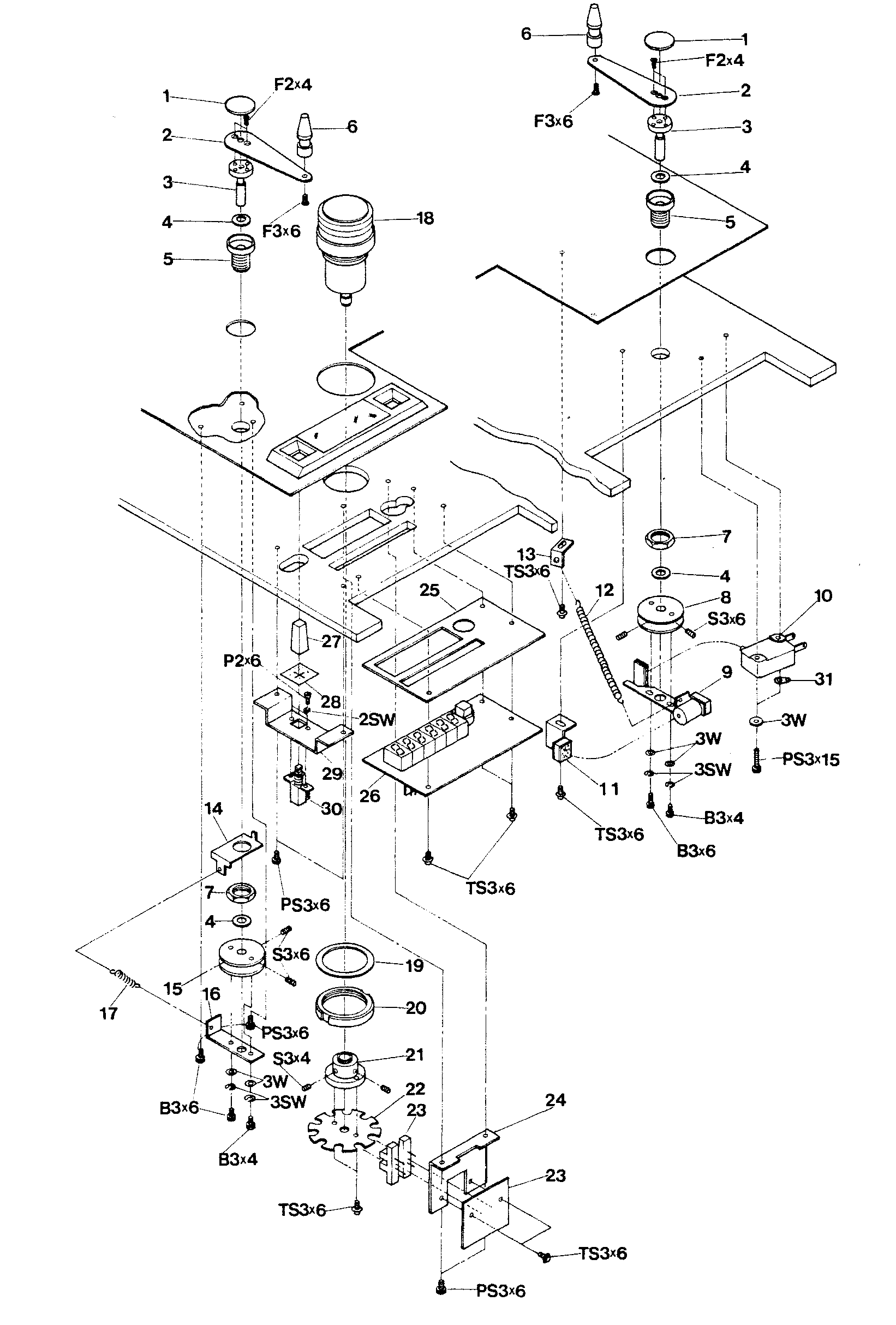 An exploded view of the tension arm, impedance roller and timer assembly: the tension arm and its spring-loaded hub and drums, the impedance roller and its optical shield plate, the timer and memory pushbuttons, and their mounting brackets and P.C. boards, with numbered callouts matching the parts list.