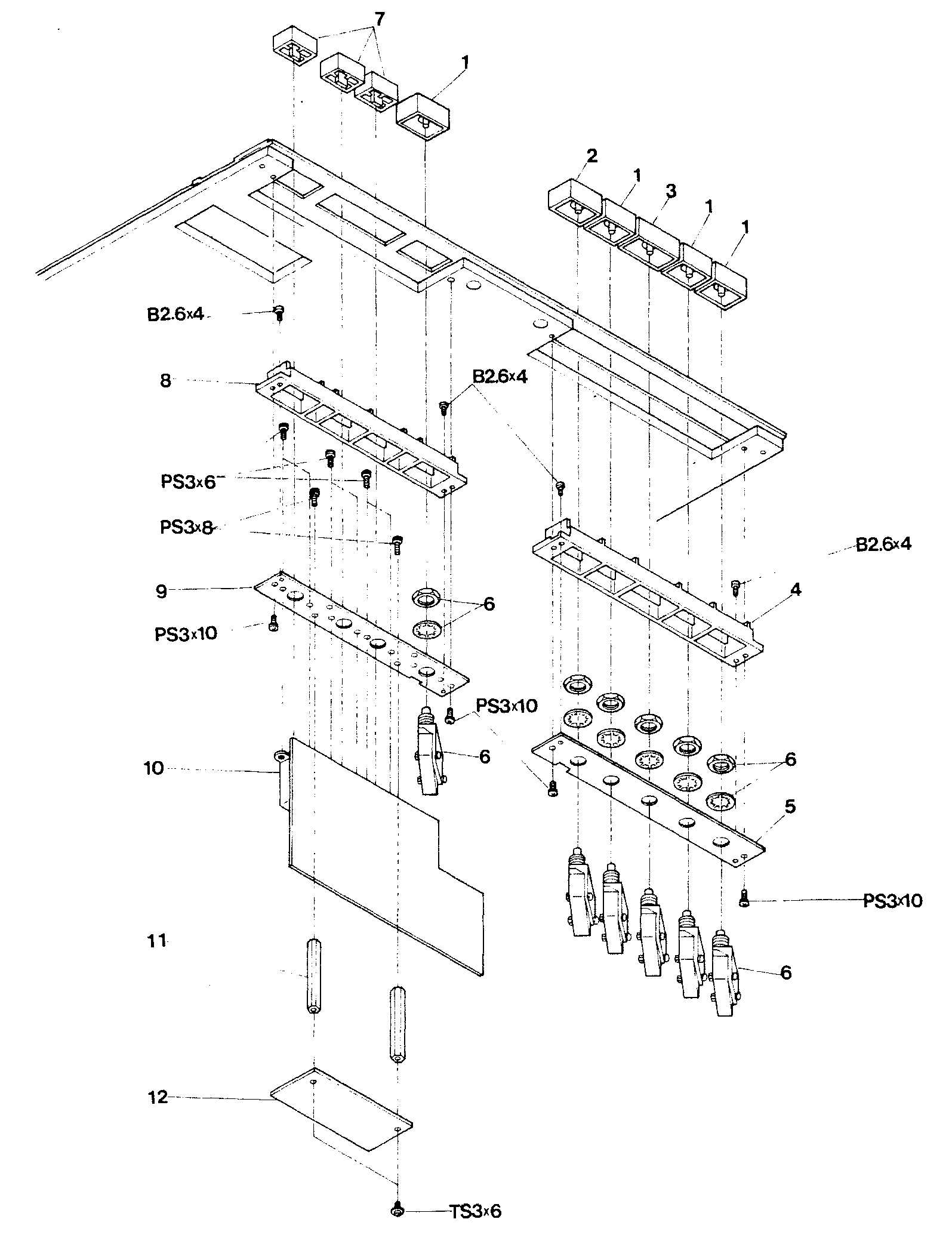 An exploded view of the control switch assembly: two rows of pushbutton switches and their caps mounted on switch base plates, with the switch P.C. boards and their mounting studs below, and numbered callouts matching the parts list.