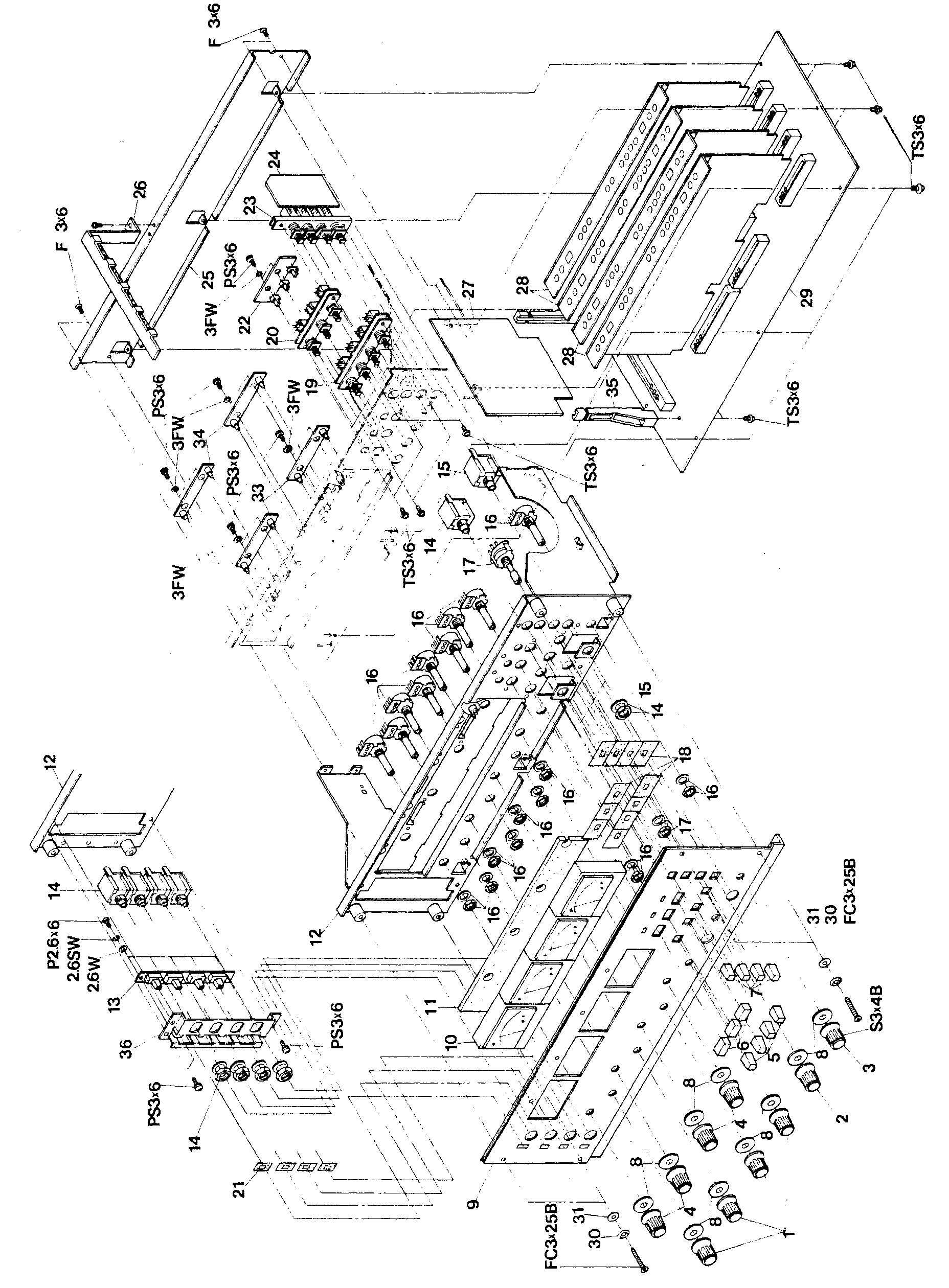 The same exploded view of the amplifier assembly, repeated here after the continued parts list, with the same numbered callouts as before.