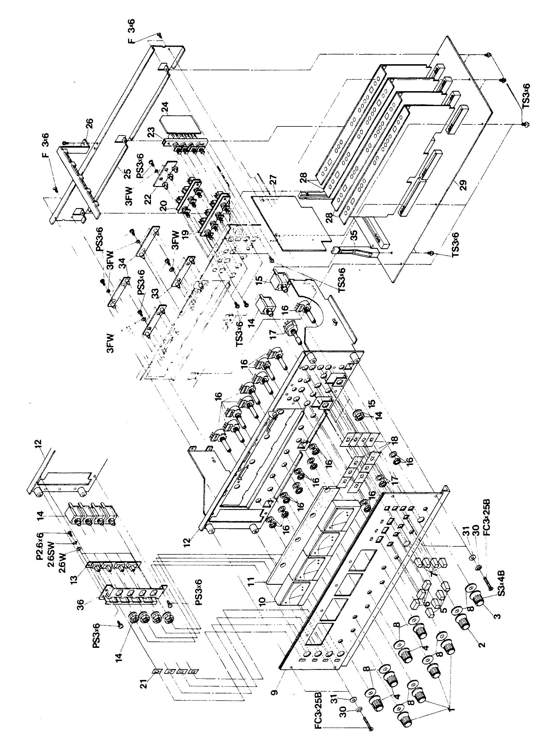 An exploded view of the amplifier assembly: the front control panel with its knobs, pushbuttons and VU meters, the P.C. board assemblies for MIC attenuation, LED indicators and REC/REP amplification, the mother board, and the connector jacks and switches, with numbered callouts matching the parts list.