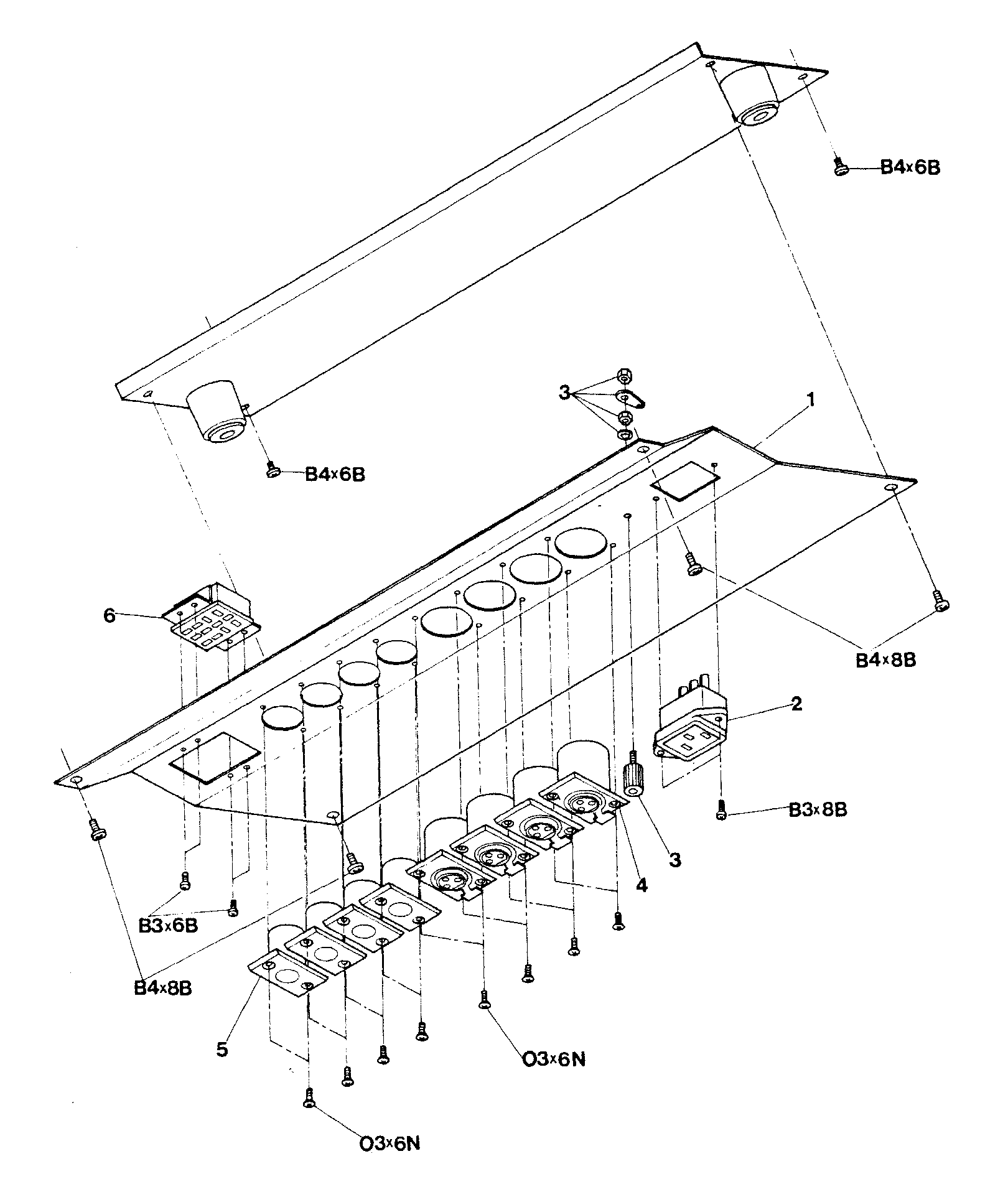 An exploded view of the connector panel assembly: the rear panel with its XLR input and output connectors, the AC power receptacle, ground terminal and remote connector, with numbered callouts matching the parts list.