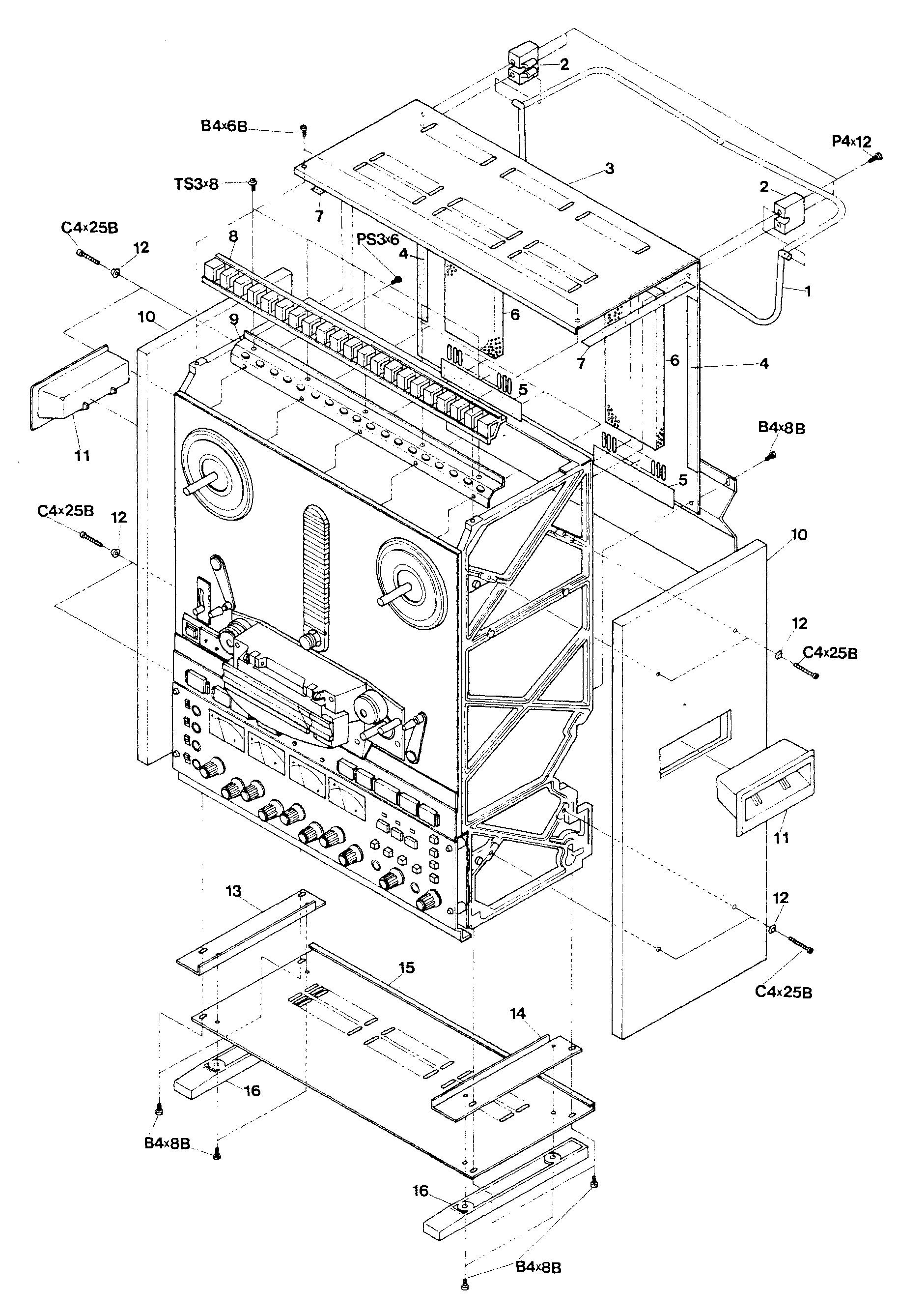 An exploded view of the case assembly: the tape deck's front control panel and reel motors mounted in the chassis frame, the side boards, top and bottom trim panels, rear cover, and their mounting brackets and feet, with numbered callouts matching the parts list.