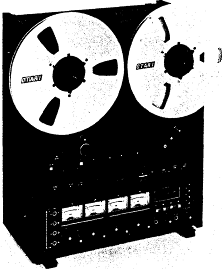 The MX-5050 BQ II in its upright console, seen at an angle, with OTARI reels mounted above the four-meter control panel.