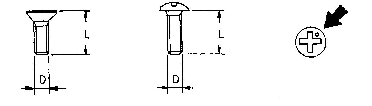 Two cross-section views of a countersunk screw and a pan-head screw, each with its head diameter D and length L marked, and a magnified view of a cross-recessed screw head with an arrow pointing to the point inscribed in it.