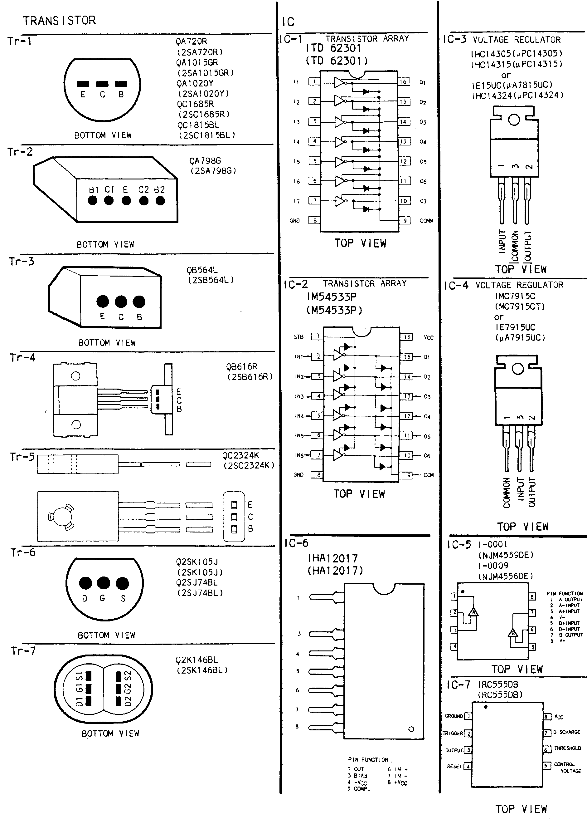 Pinout diagrams for the transistors and integrated circuits IC-1 through IC-7, showing each device's outline, bottom or top view, and its numbered pins or lettered terminals.
