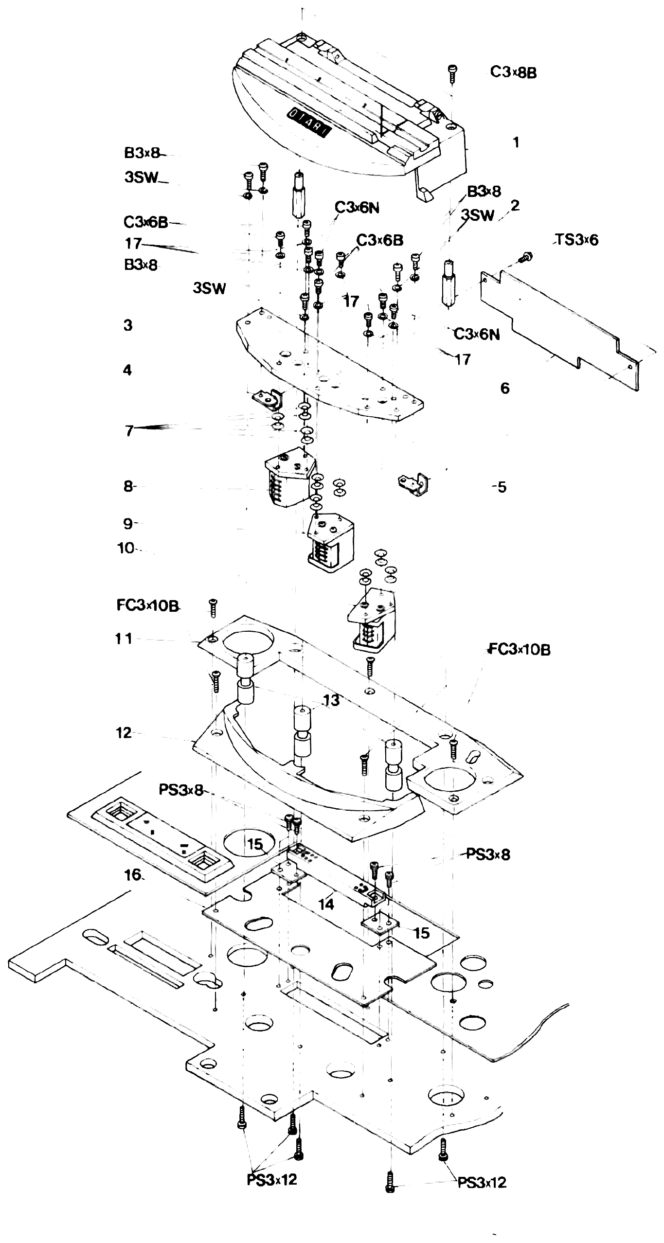 An exploded view of the head assembly: the head housing cover, its mounting screws and washers, the head mounting base plate with the erase, record and reproduce heads and their brackets and springs, the head P.C. board and connector, and the front cover and shield plate, with numbered callouts matching the parts list