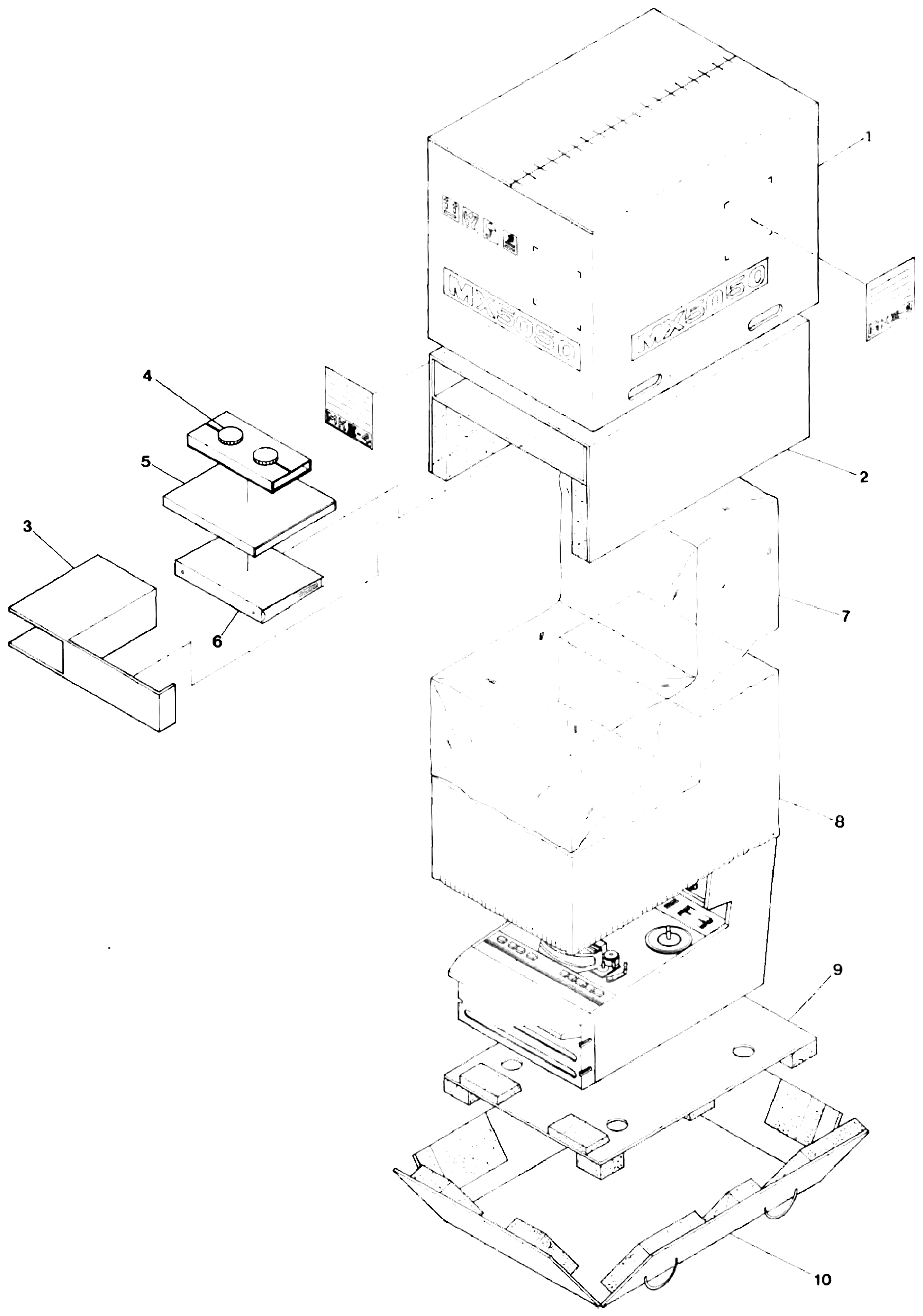 An exploded view of the packaging: the shipping carton, its foam corner and side blocks, the polyethylene and cloth covers, and the accessory box with its reel and manual, with numbered callouts matching the parts list