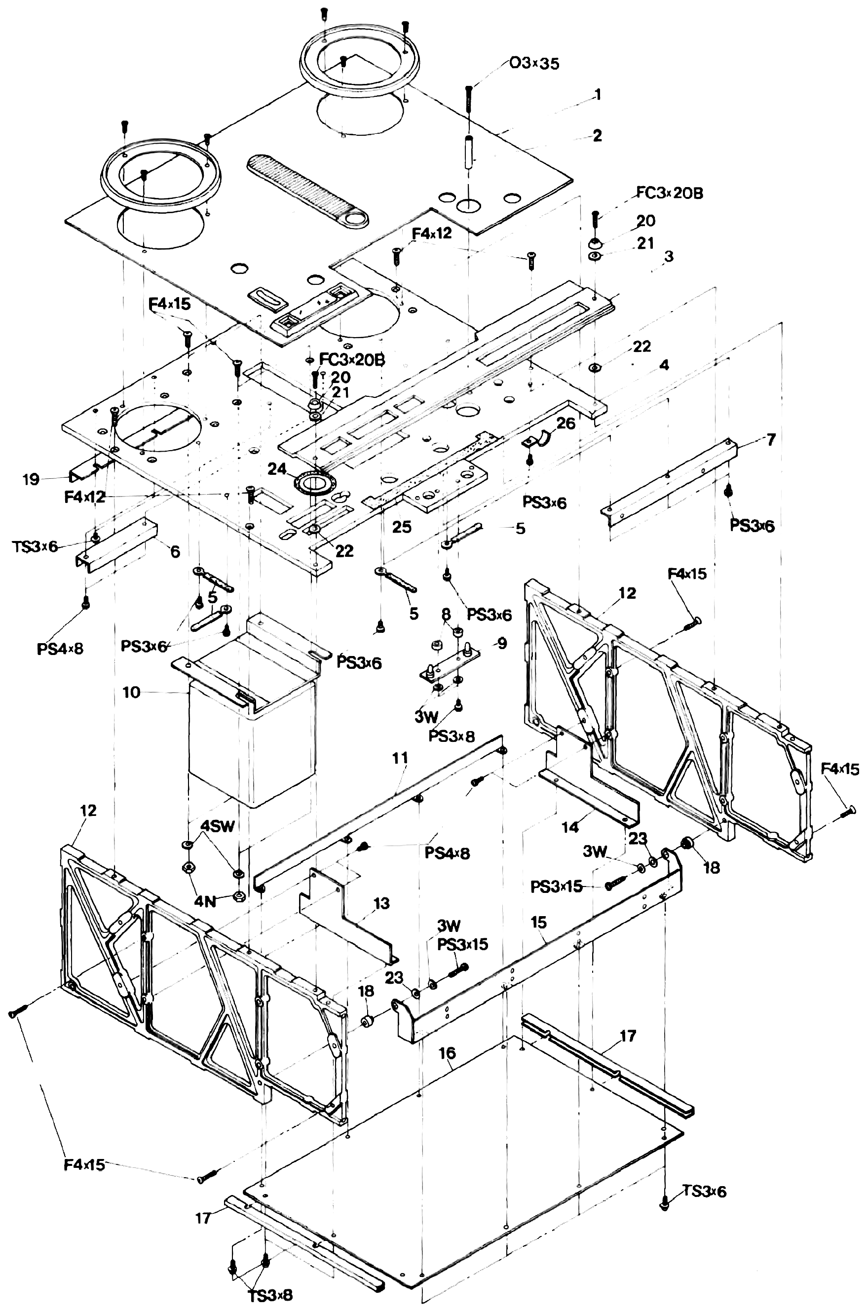 An exploded view of the chassis assembly: the transport and control trim panels with their pitch-control, cue and timer escutcheons, the chassis panel and its cutouts, the side frames, and the reinforcing angles and channels, with numbered callouts matching the parts list