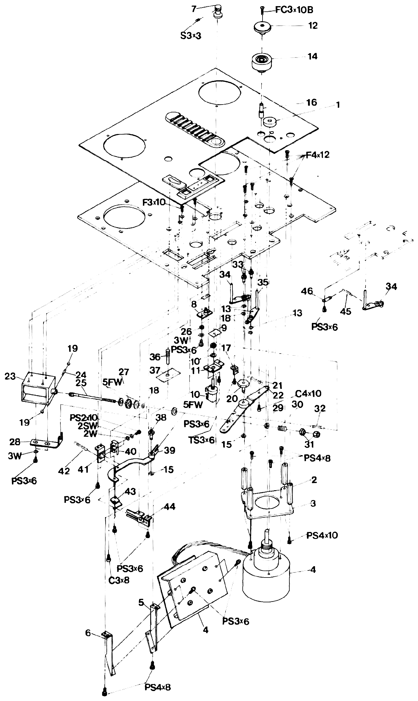 An exploded view of the capstan, pinch roller and shifter assembly: the capstan motor and its mounting plate and cap, the pitch control potentiometer, the pinch roller and its arm, cap and solenoid, the cue arm and its switch and latch, and the shifter arms and springs, with numbered callouts matching the parts list