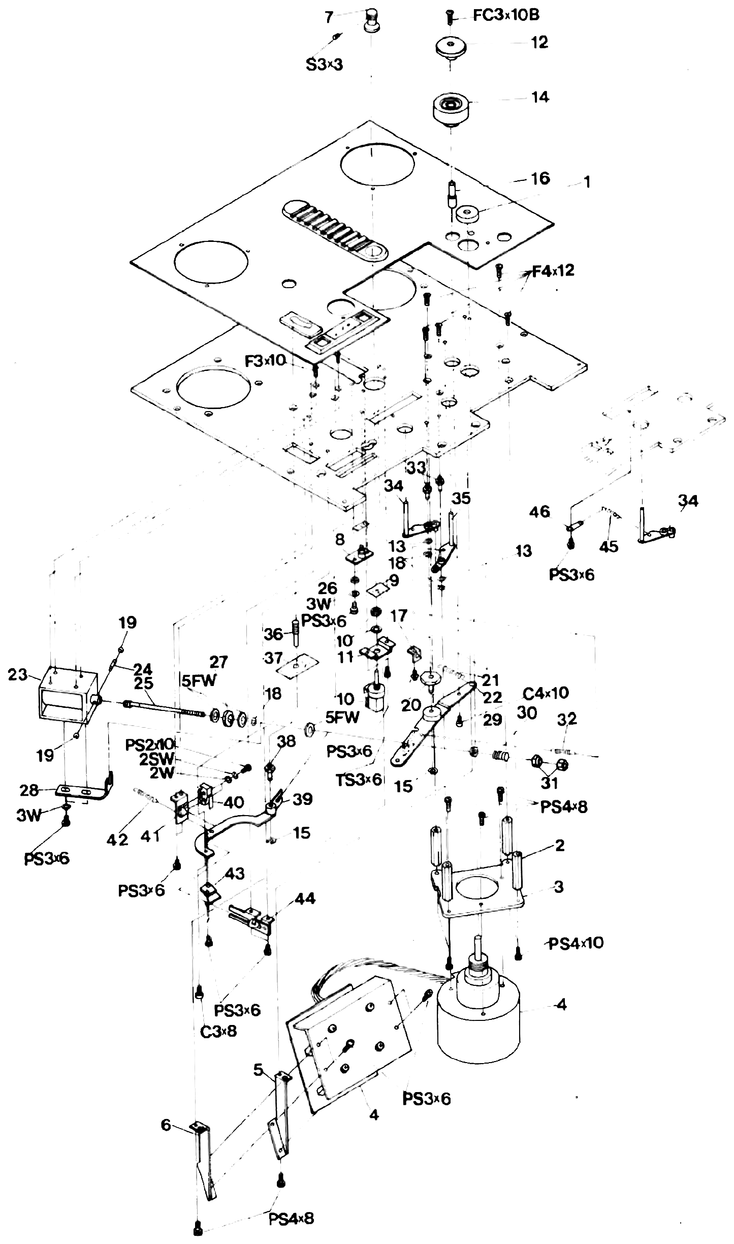 The same exploded view of the capstan, pinch roller and shifter assembly, repeated here after the continued parts list, with the same numbered callouts as before