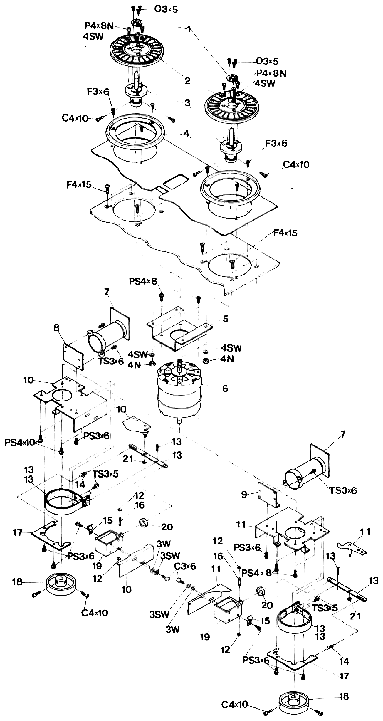 An exploded view of the reel assembly: the supply and take-up reel tables and hubs, the reel motors and their mounting brackets, the brake bands, drums and solenoids, and the reel motor capacitor and its P.C. board, with numbered callouts matching the parts list