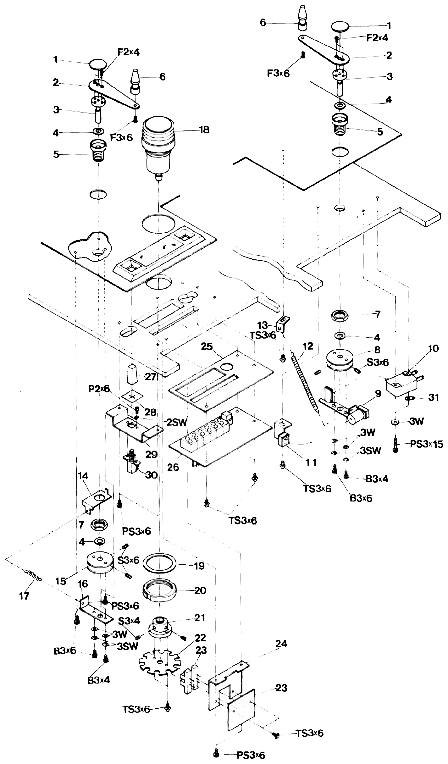An exploded view of the tension arm, impedance roller and timer assembly: the tension arm and its spring-loaded hub and drums, the impedance roller and its optical shield plate, the timer and memory pushbuttons, and their mounting brackets and P.C. boards, with numbered callouts matching the parts list