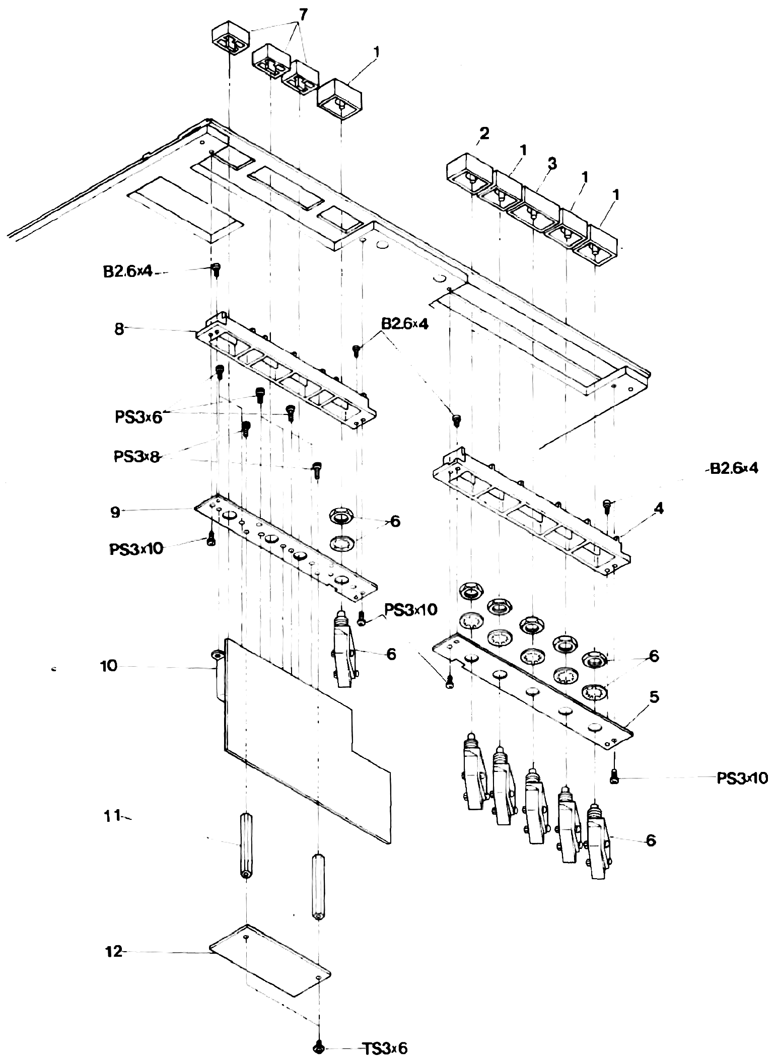 An exploded view of the control switch assembly: two rows of pushbutton switches and their caps mounted on switch base plates, with the switch P.C. boards and their mounting studs below, and numbered callouts matching the parts list