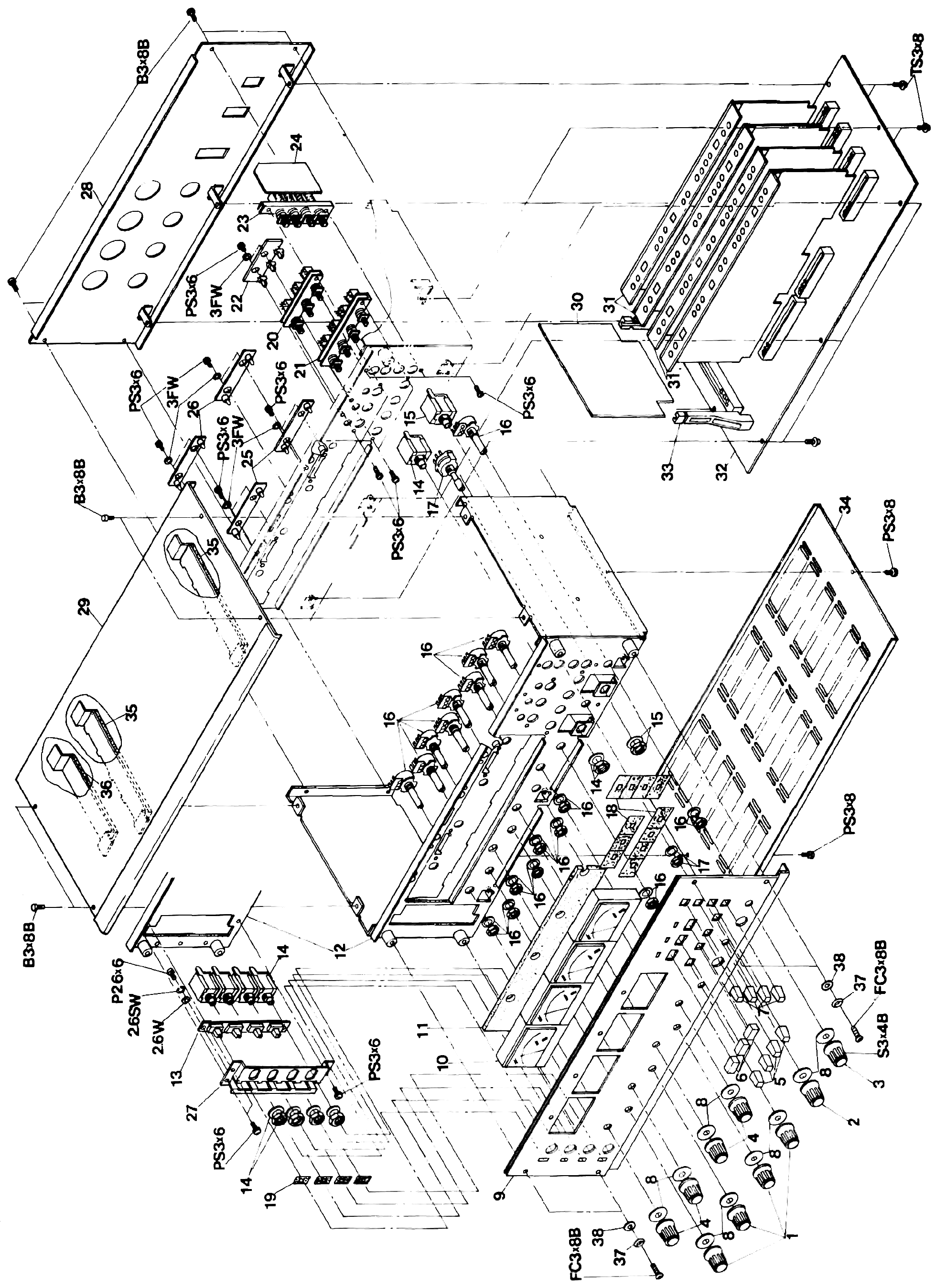 An exploded view of the amplifier assembly: the front control panel with its knobs, pushbuttons and VU meter, the P.C. board assemblies for MIC attenuation, LED indicators and amp control, and the connector jacks, potentiometer and switches, with numbered callouts matching the parts list