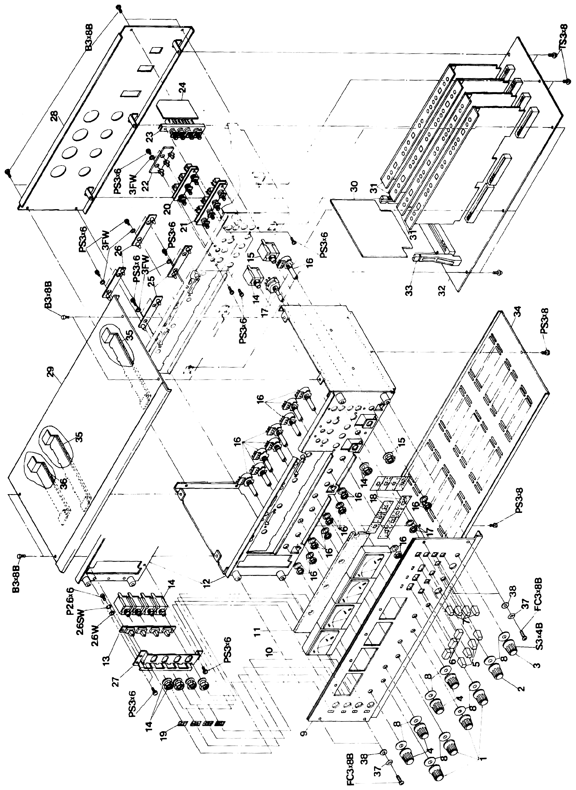 The same exploded view of the amplifier assembly, repeated here after the continued parts list, with the same numbered callouts as before