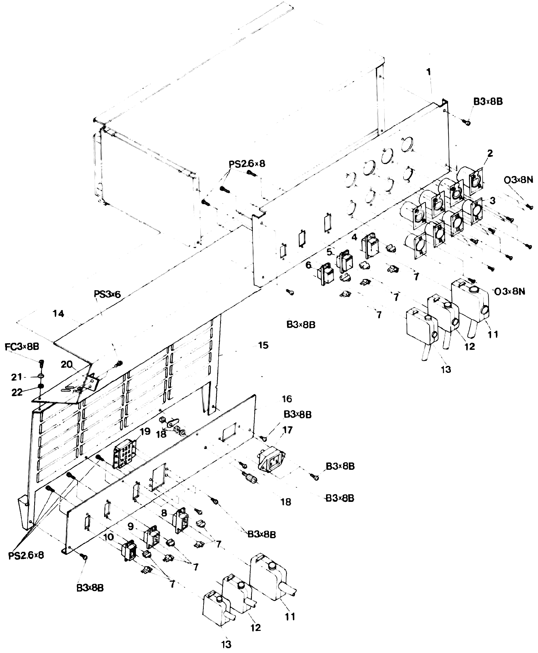 An exploded view of the connector panel assembly: the rear panel with its XLR input and output connectors, power cable assemblies, ventilation cover, AC power receptacle, ground terminal and remote connector, with numbered callouts matching the parts list
