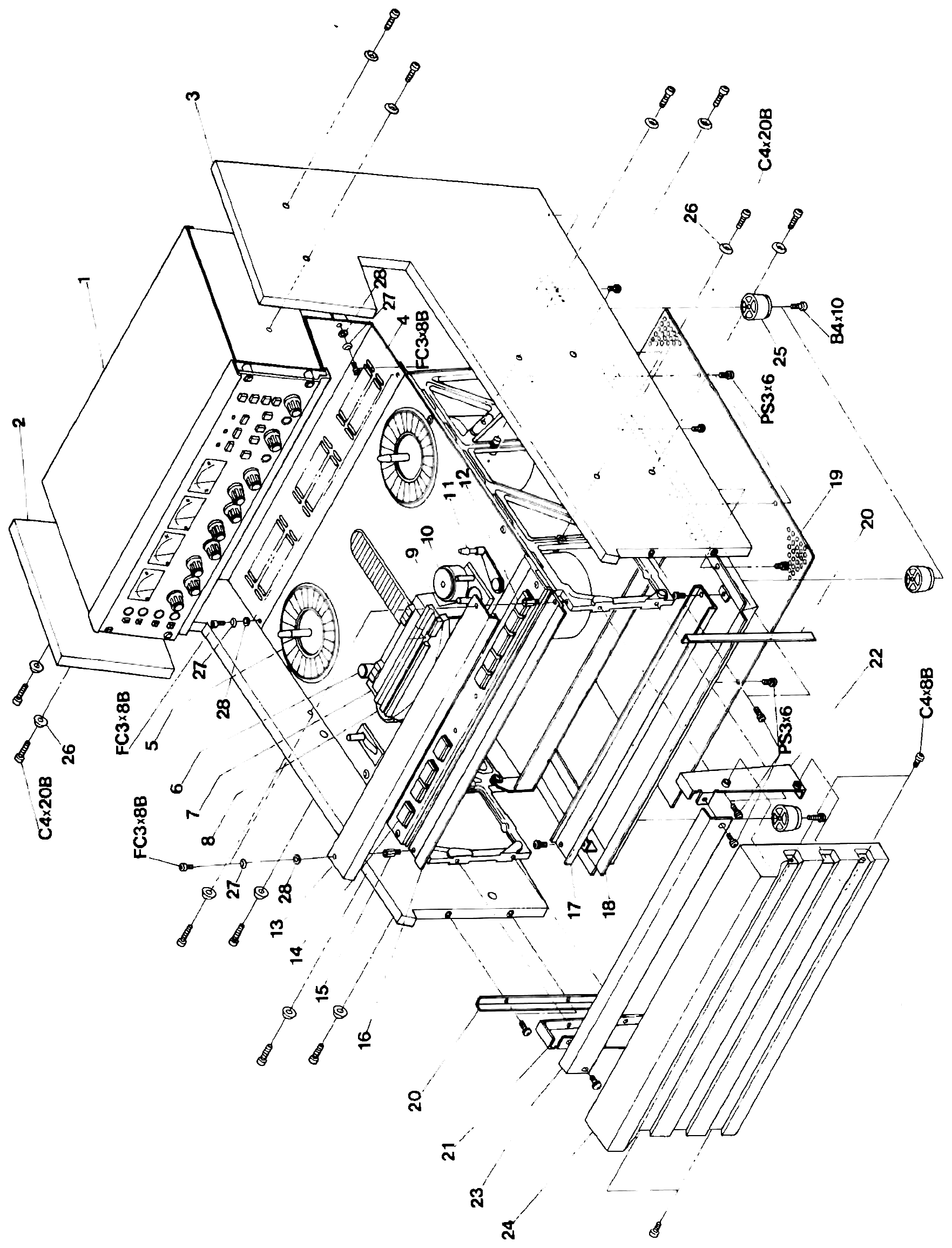 An exploded view of the case assembly: the amplifier front panel and chassis frame, the side boards, front and bottom covers, and their retaining brackets, angles, studs and feet, with numbered callouts matching the parts list