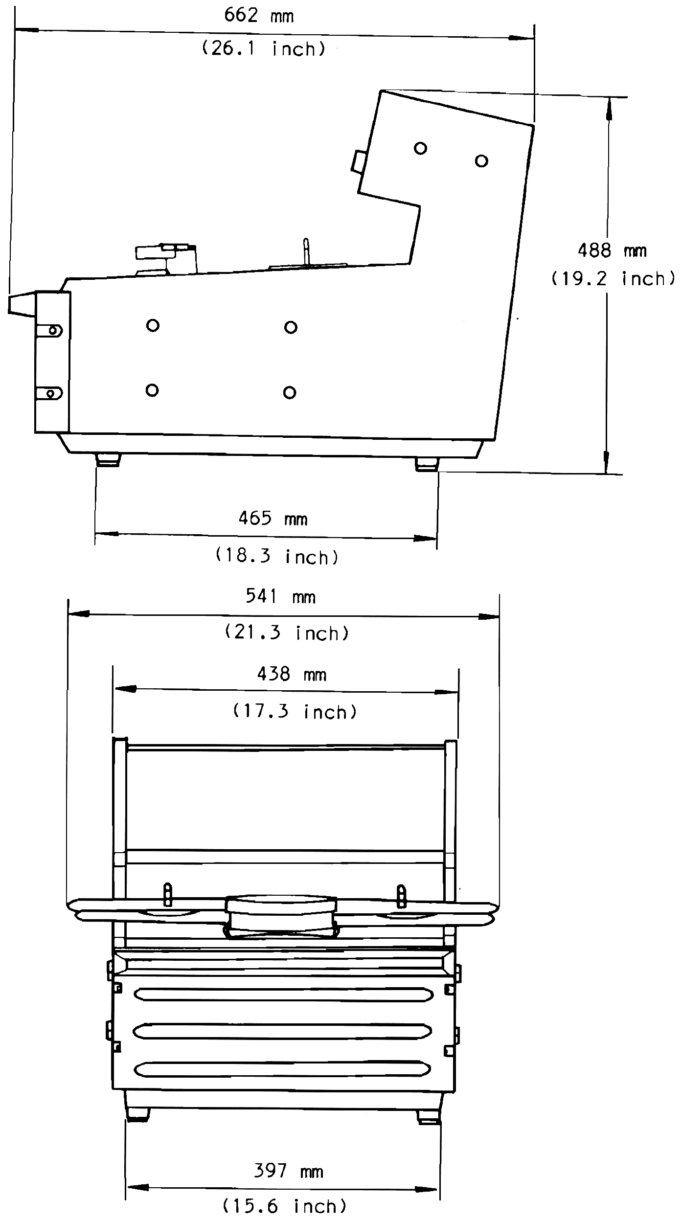 Left-side and front elevation line drawings of the MX-5050 MK III-4 with dimension arrows for its overall width, height and depth in millimeters and inches.