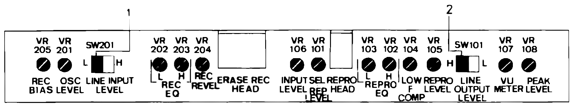 The adjusting panel's row of trimmers and switches from REC BIAS to PEAK LEVEL, with callout 1 on the LINE INPUT LEVEL switch and callout 2 on the LINE OUTPUT LEVEL switch.