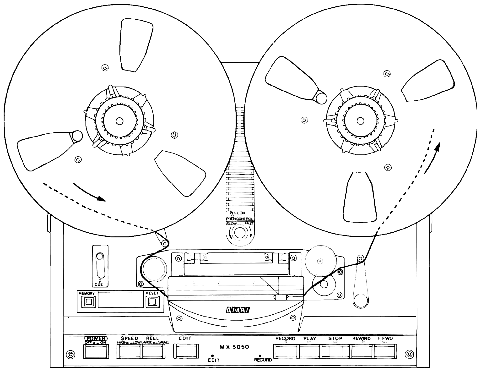 The tape path threaded from the supply reel across the heads and capstan assembly to the takeup reel, shown with directional arrows.