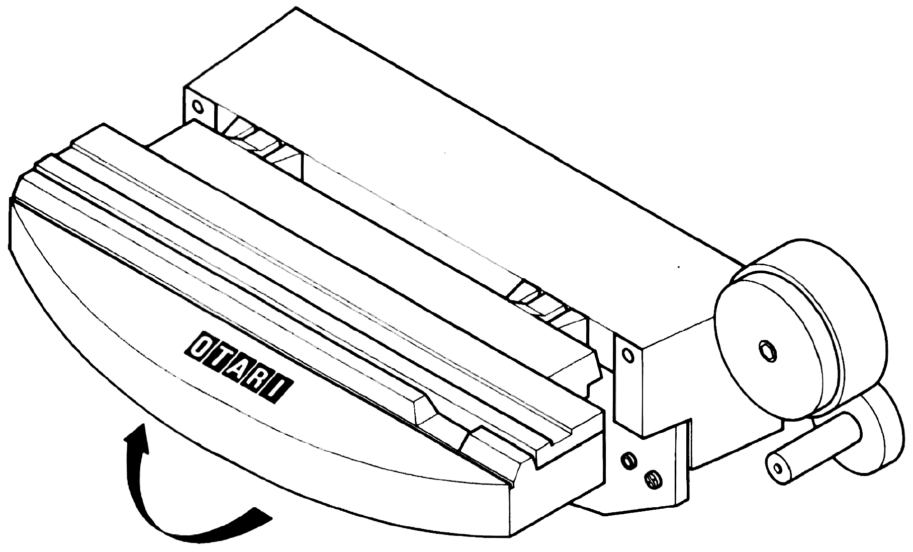 The head housing with its cover, which carries the OTARI logo, and a curved arrow at the cover's front edge showing it being lifted up and back off the heads.
