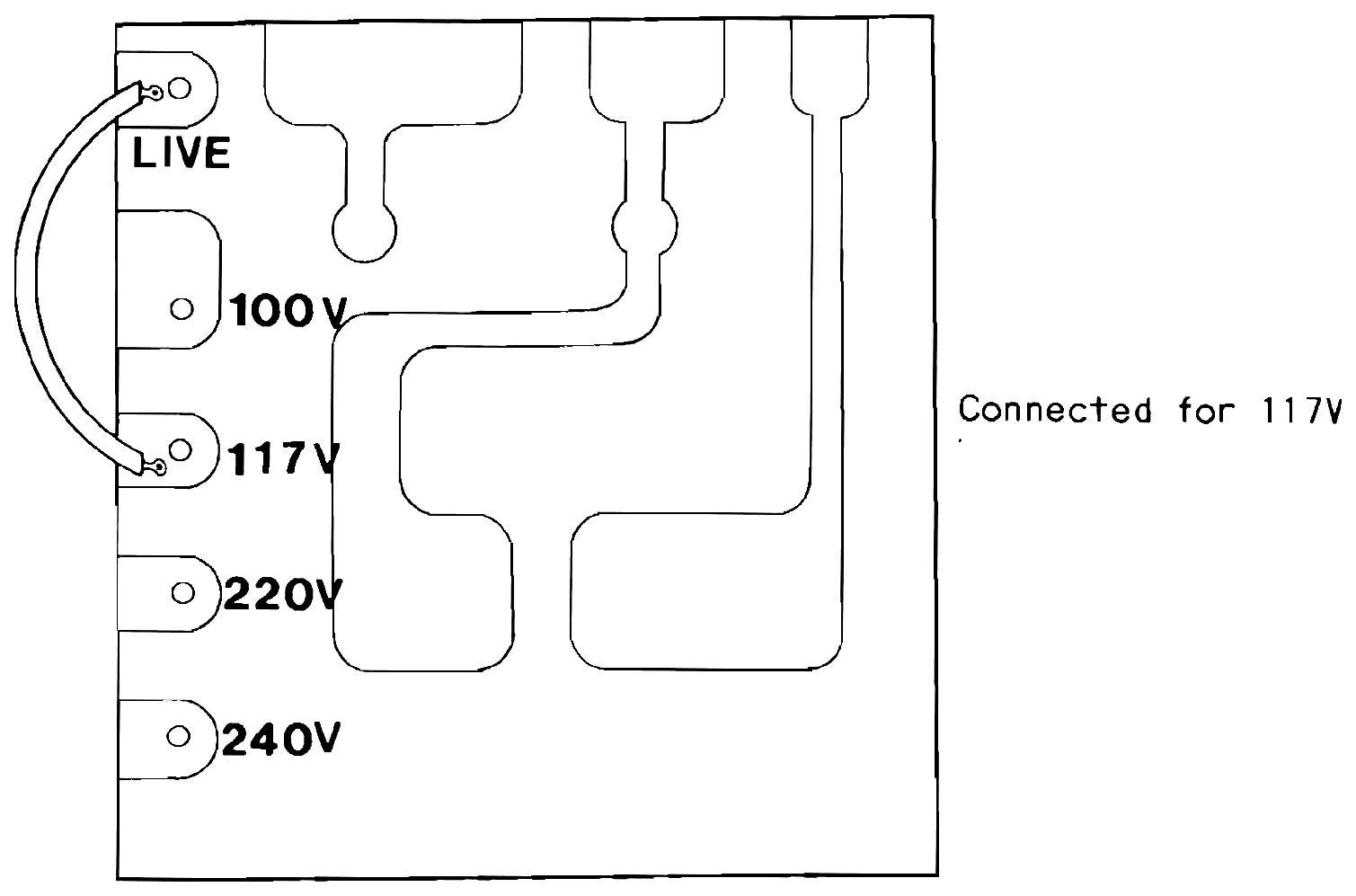 The voltage selection terminal board, with tabs marked LIVE, 100V, 117V, 220V and 240V, a jumper wire from LIVE to the 117V tab, and a note that it is connected for 117V.