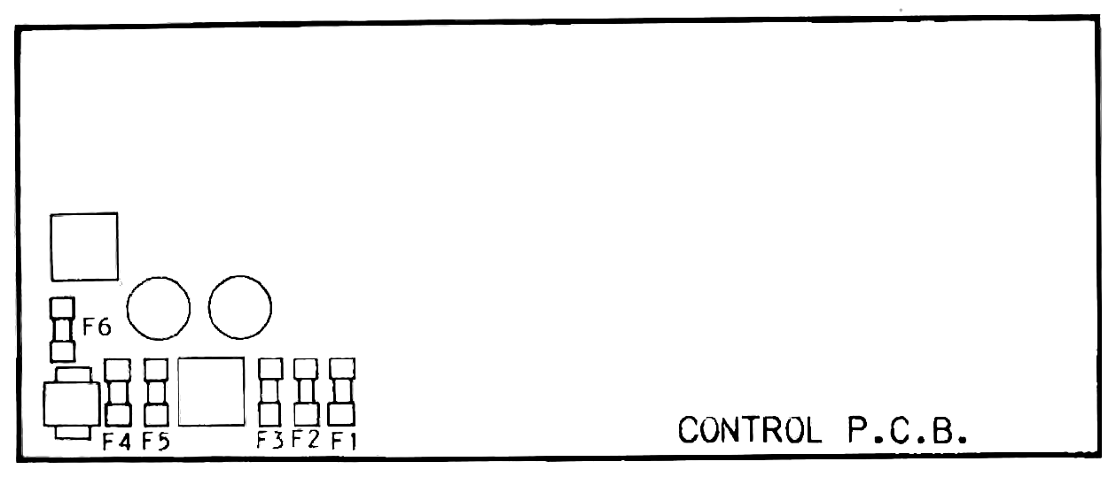 The control P.C.B. outline, labelled CONTROL P.C.B., with fuses F1 to F6 grouped along its lower edge and two round trimmer components above them.