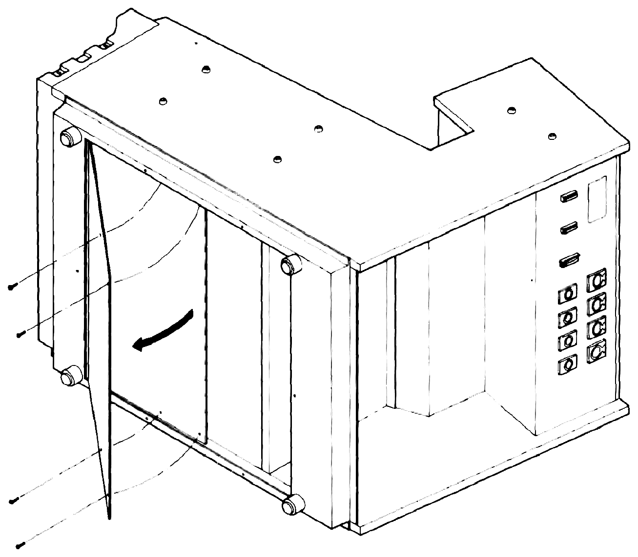 The recorder's chassis seen from the rear with the cover off, the control P.C. board folded down on its lower hinge edge as a curved arrow shows.