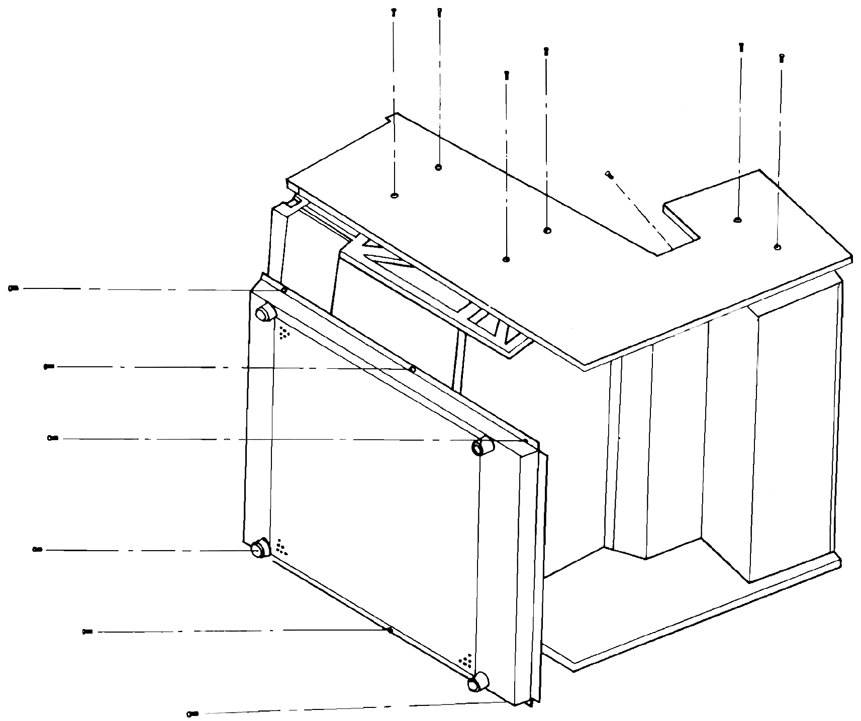 An isometric view of the recorder's underside with the bottom cover removed, dashed leader lines pointing to the six cross-recessed screws, the flat head socket cap screw, and the six hex socket head screws named in the removal steps.