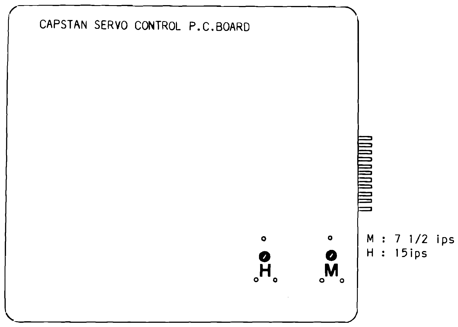 The capstan servo control P.C. board outline with its edge connector at the right and two speed trimmers near its lower edge, labelled H and M.