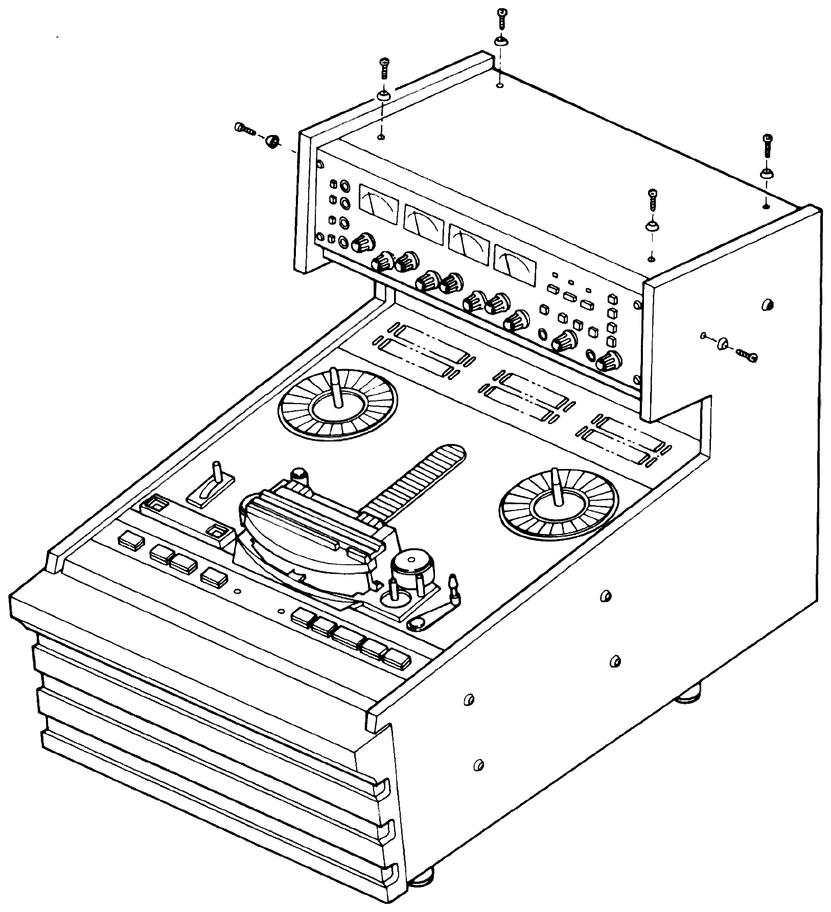 An isometric view of the recorder's electronics top panel raised open on its hinge, with the four mounting screws called out around its edges.