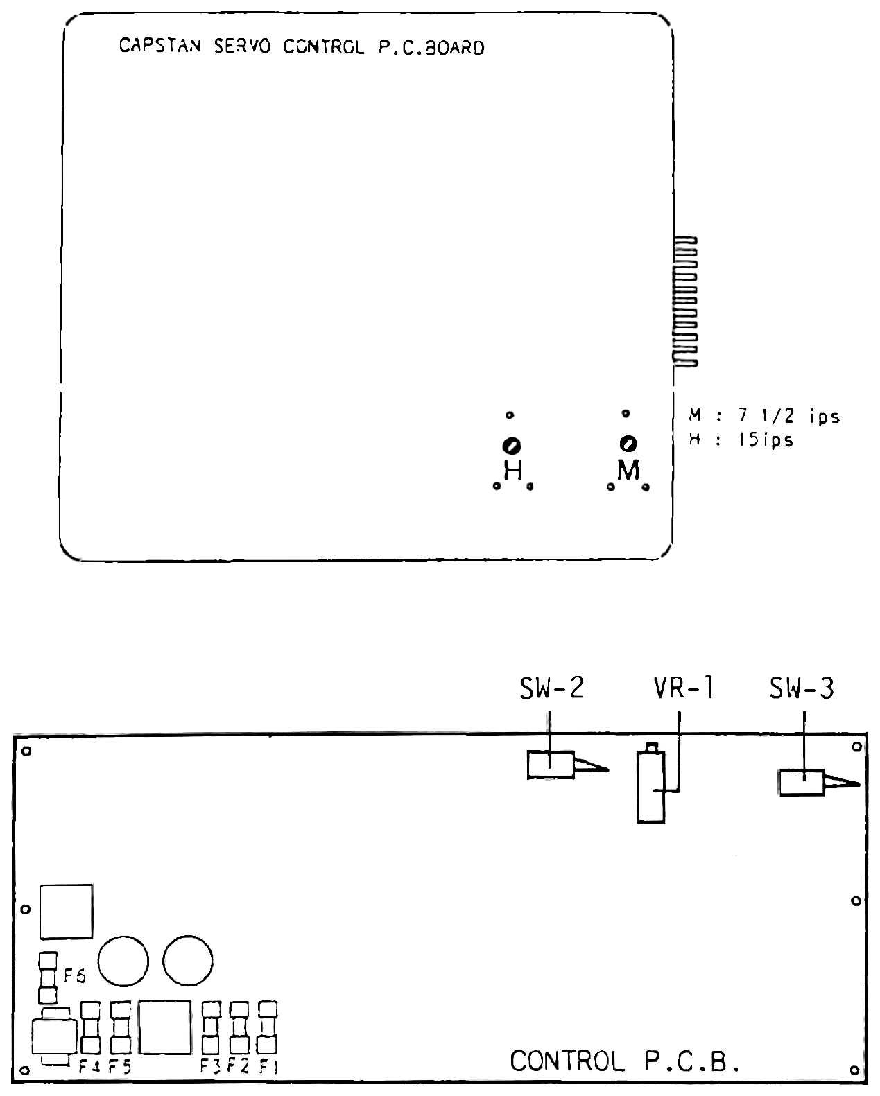 Capstan servo control P.C.B. panel with pot switches H and M labeled for 15 ips and 7 1/2 ips, and the control P.C.B. below it with SW-2, VR-1, SW-3 and fuses F1-F6 labeled.