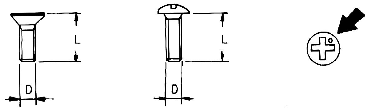 Two cross-section screw-head profiles with L and D dimension arrows, and a magnified circled cross-recess point icon with a leader arrow